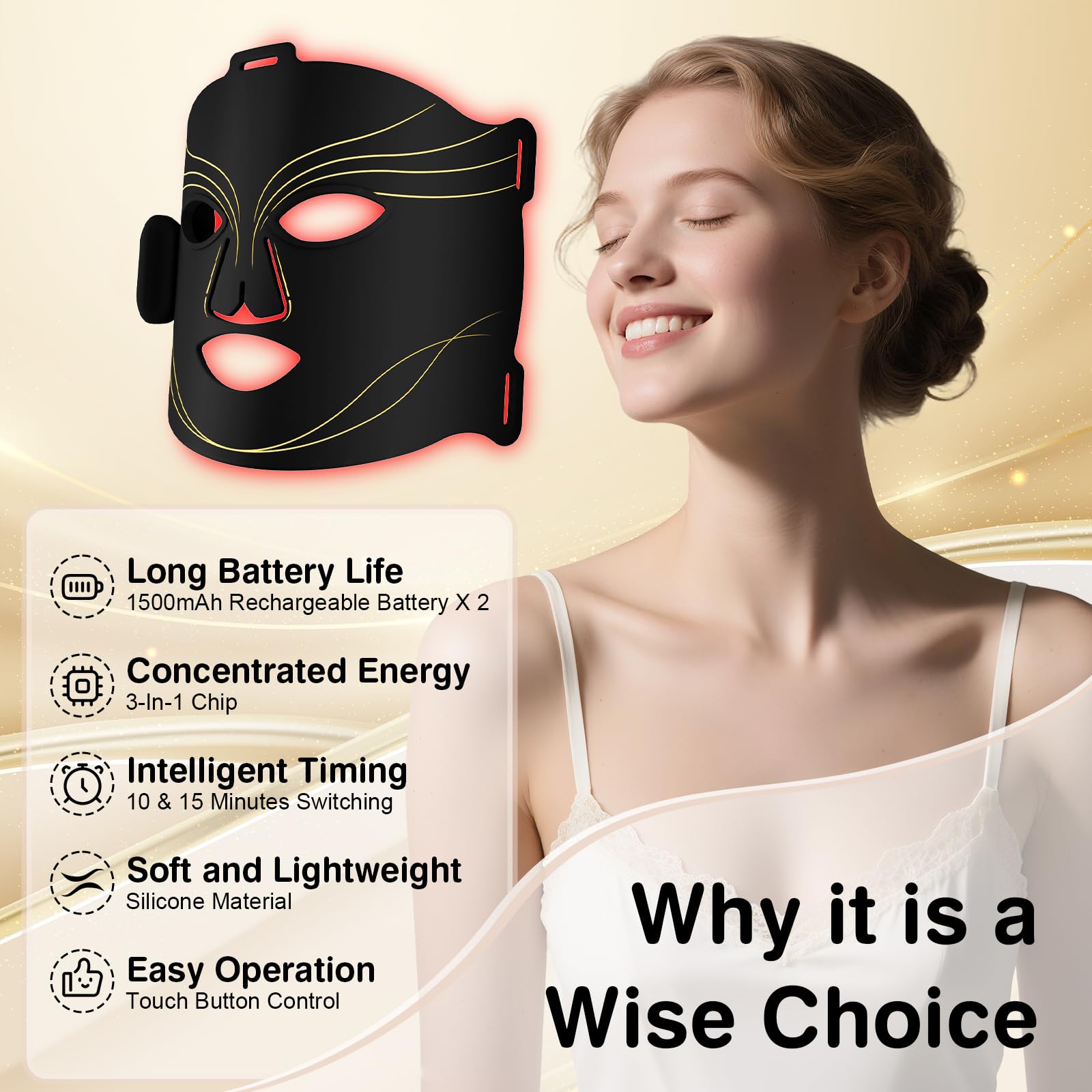 Hottoerak LED Maske Gesicht Kabellos Für Frauen, Rotlicht Maske Gesicht Für Beauty-Routine Zuhause, 660nm 850nm 415nm, 74 LEDs, Silikon Gesichtsmaske LED, 2 Modi, Timer, Augenpad