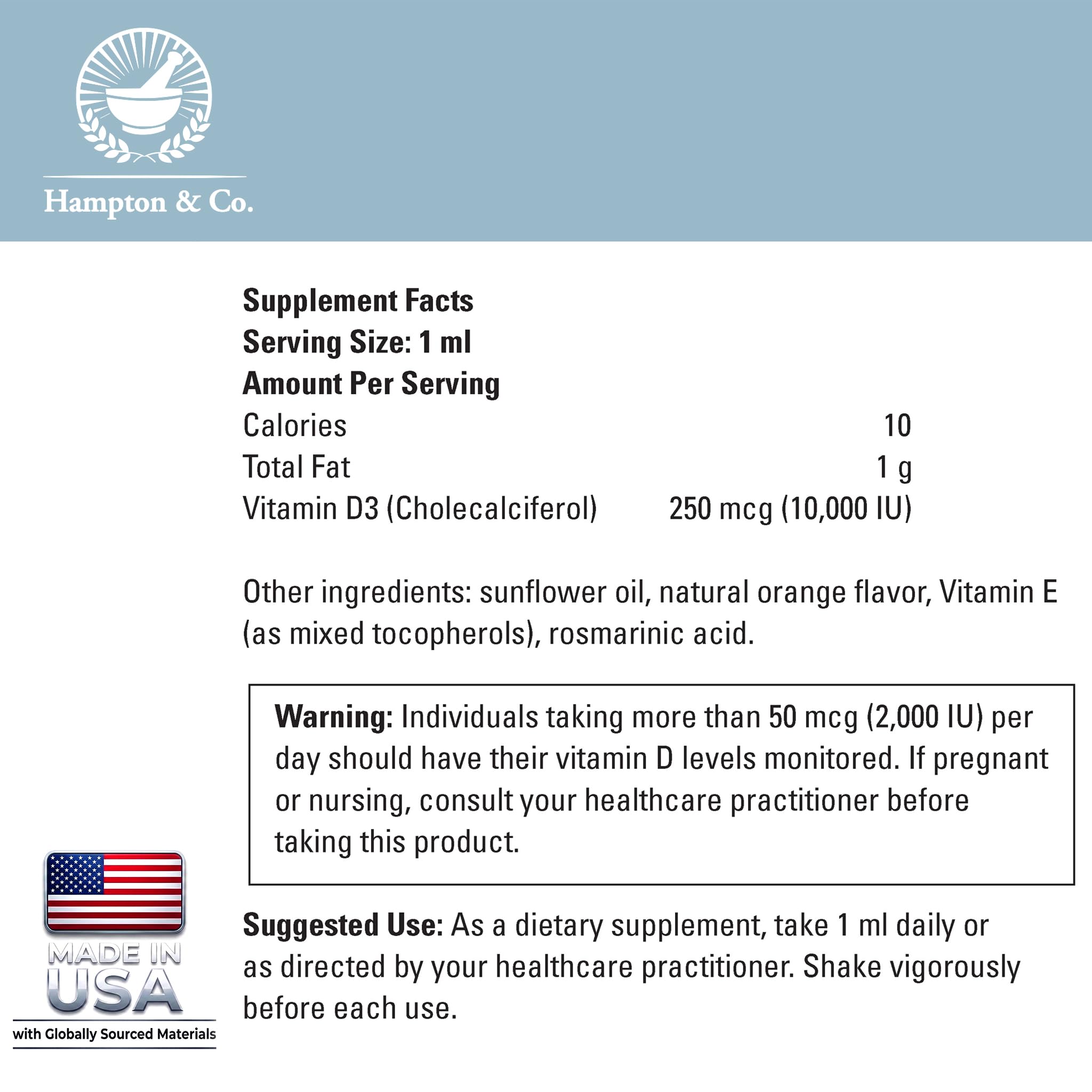 Hampton Distribution Premium D3 10,000 IU Liquid Drops: Optimized Bioavailability for Structural Bone Support and Heart Health. A Vegetarian-Friendly Formula for Targeted Immune Defense – 1 Fl Oz — Amazon image 5