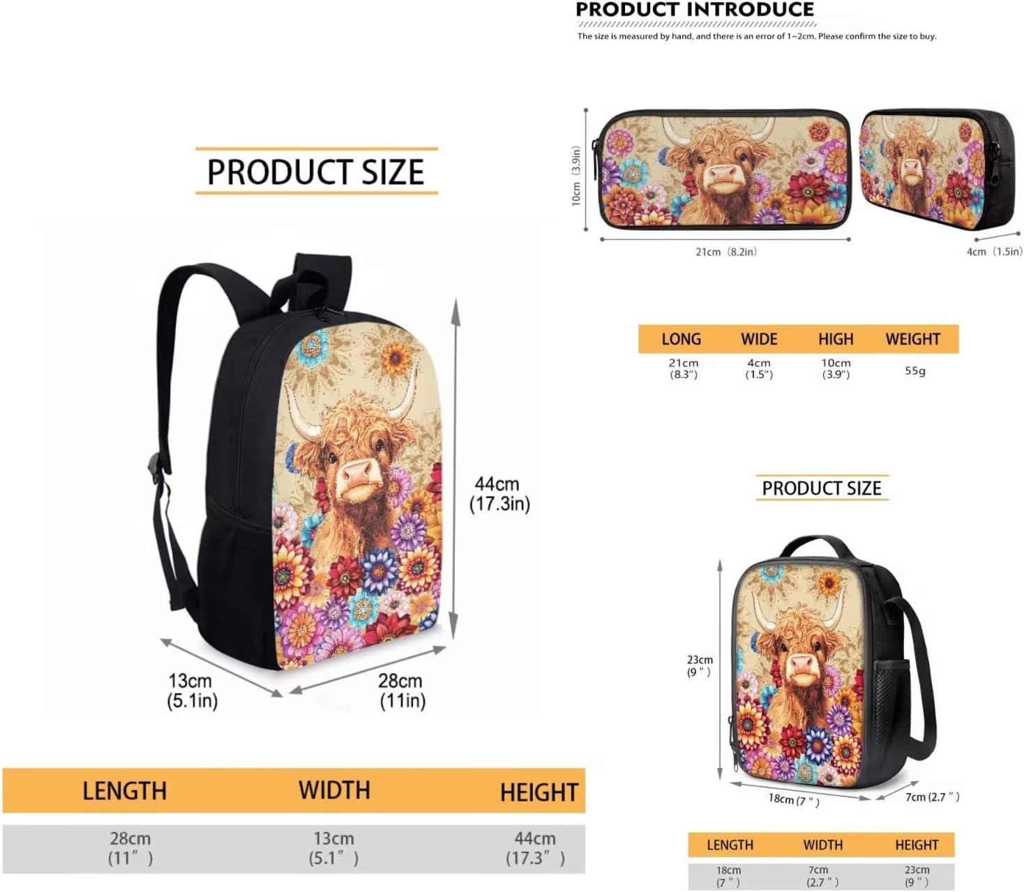 KEIAHUAN Highland Cow Flower Girls School Book Bags Large Capacity School Bag for Tenes Girls Casual Travel Backpack Lunch Bag Pencil Pouch Shoulder Schoolbags