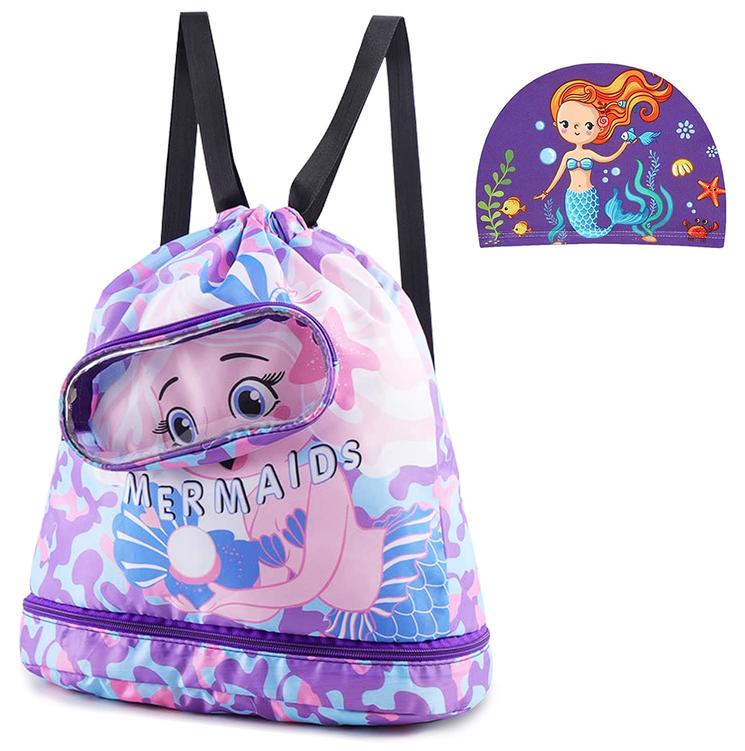 IS MUHE Children's swimming backpack, drawstring children's swimming bag, beach bag, sports fitness bag, dry and wet separation, suitable for children, men, women. (Purple Rose)