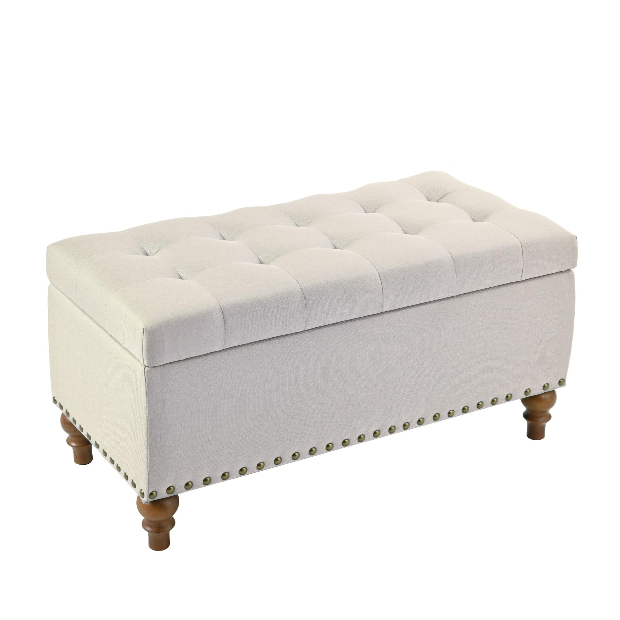 Elegant Multipurpose Ottoman Storage Bench with Rivet Trim for Bedroom, Entrance, Living Room(Beige)