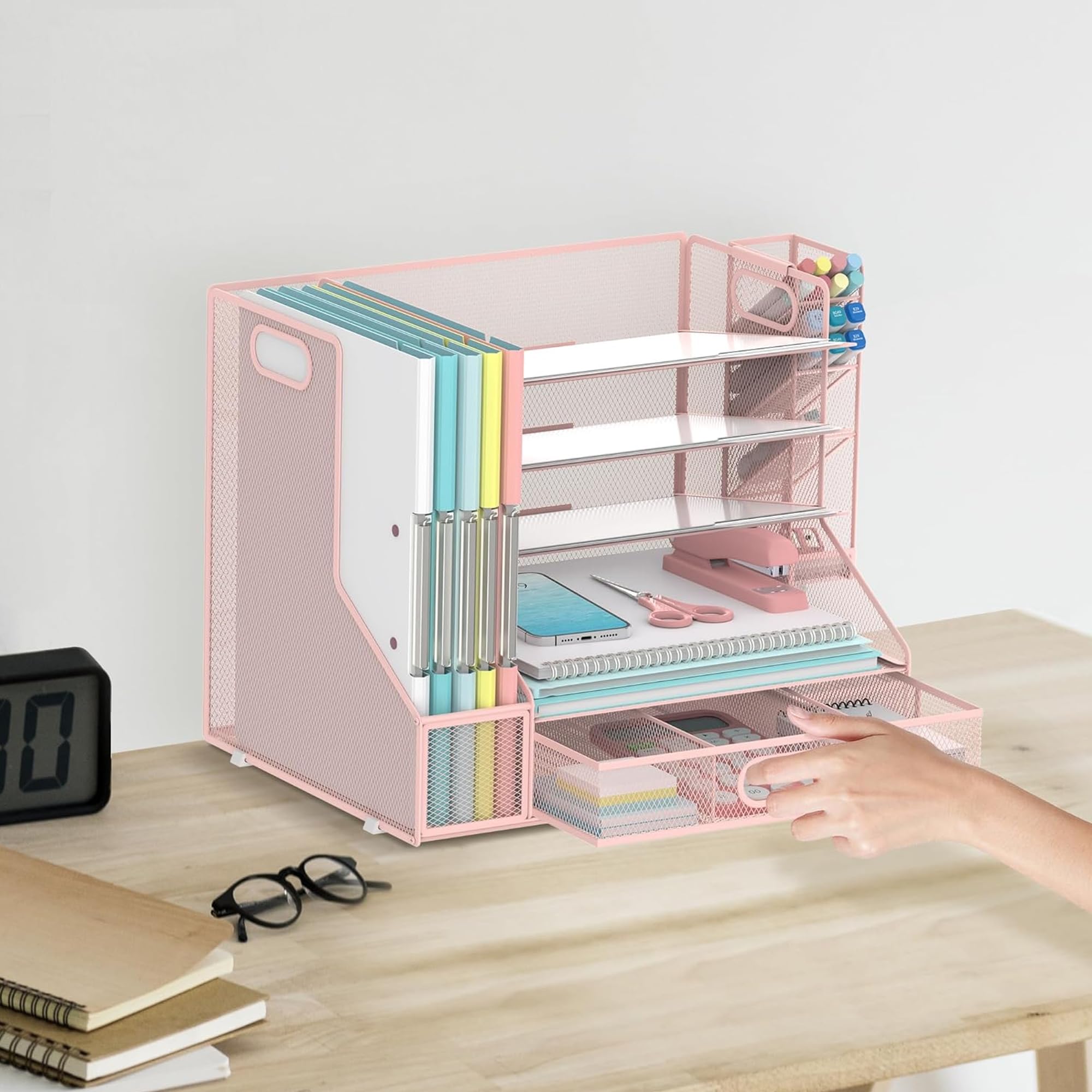 Schreibtisch Organizer mit Aktenhalter, 5-Tier Mesh Papier Brief Tray Organizer mit Stifthalter und Schublade für Bürobedarf, Rosa