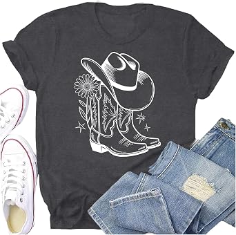 Women Western Shirt Cowgirl Hat Boots Shirts Country Music Tee Tops