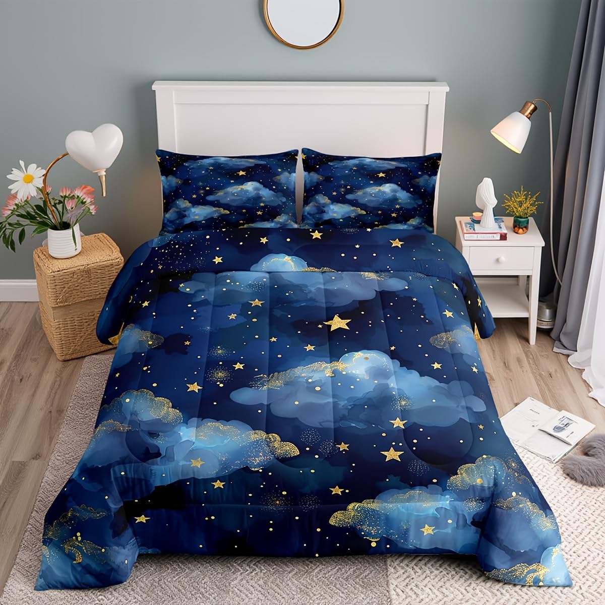Castle Fairy Night Sky Comforter Set Trippy Starry Galaxy Bedding Set Ombre Blue Cloud Bedding Home Decor Navy Blue Comforter Queen Size 3 Pieces Quilted Duvet Set 1 Comforter with 2 Pillowcase