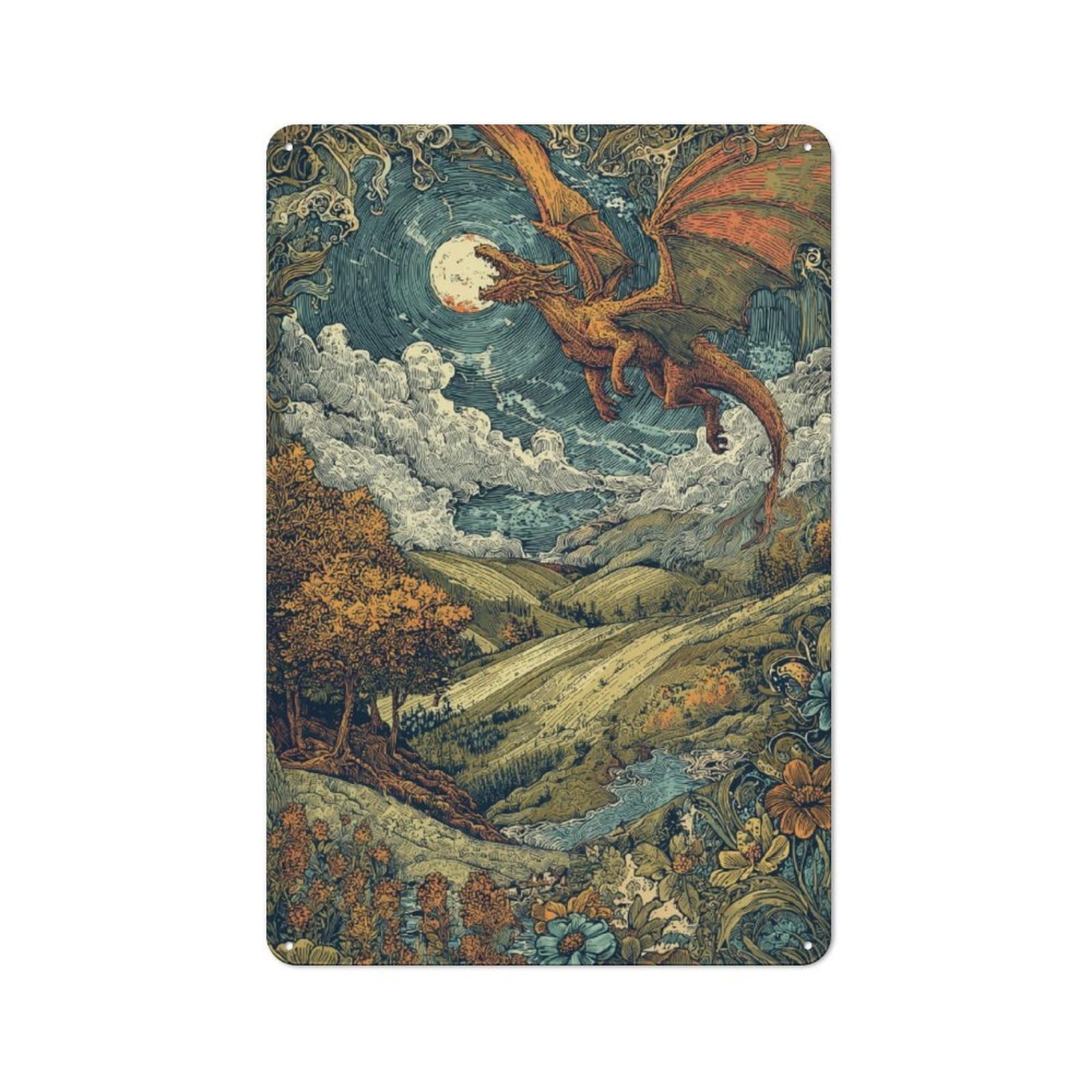Junmoney Dragon's Flight Over Moonlit Hills Rustic Metal Sign 30X20cm, Barn Style Farmhouse Wall Decor For Kitchen, Cottage, Porch Or Garden Room