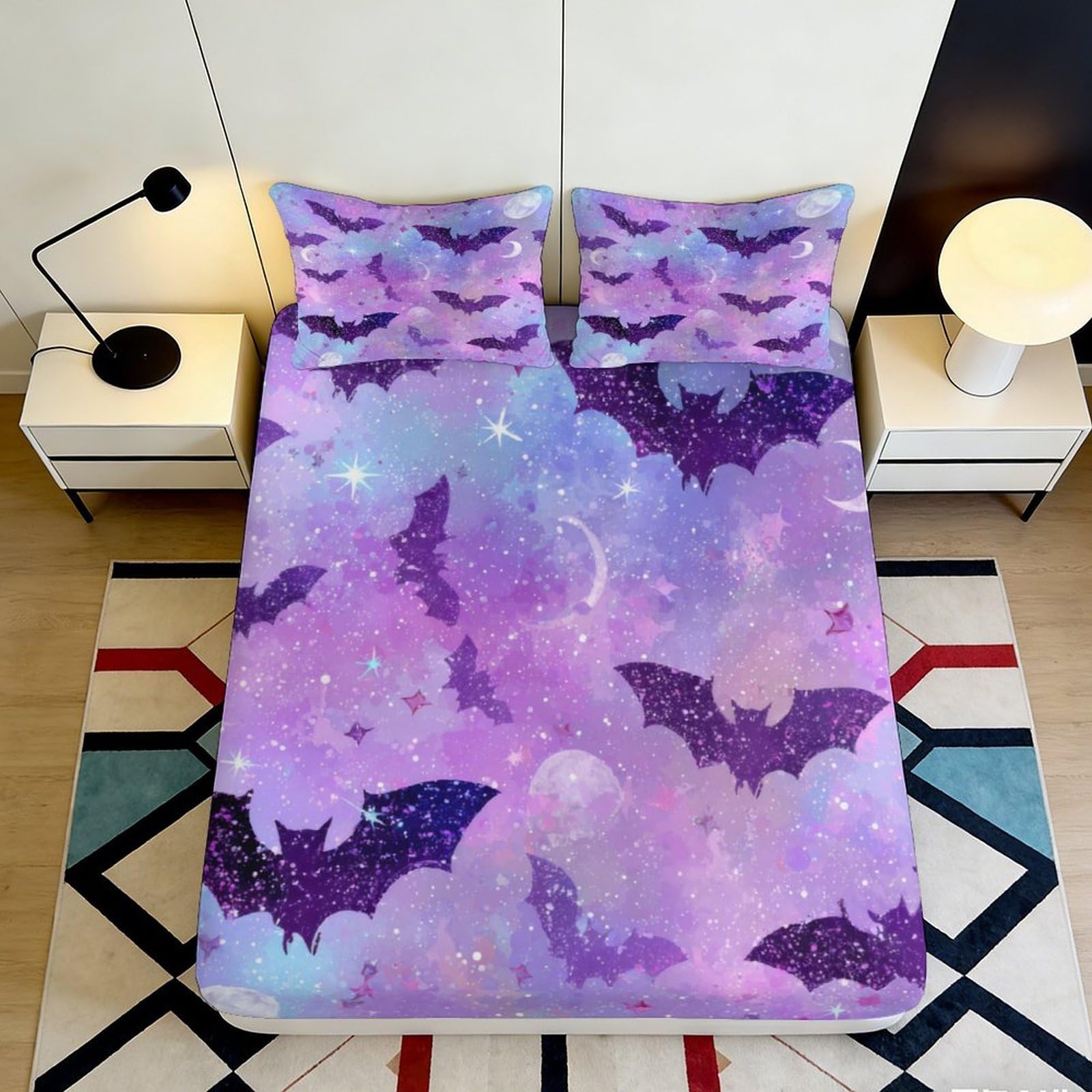 3D Printed Purple Bat Pattern Fitted Sheet Microfiber Soft Breathable Starry Sky Mattress Cover for Bedroom Dormitory Guest Room Protection Decor 120x200x25cm