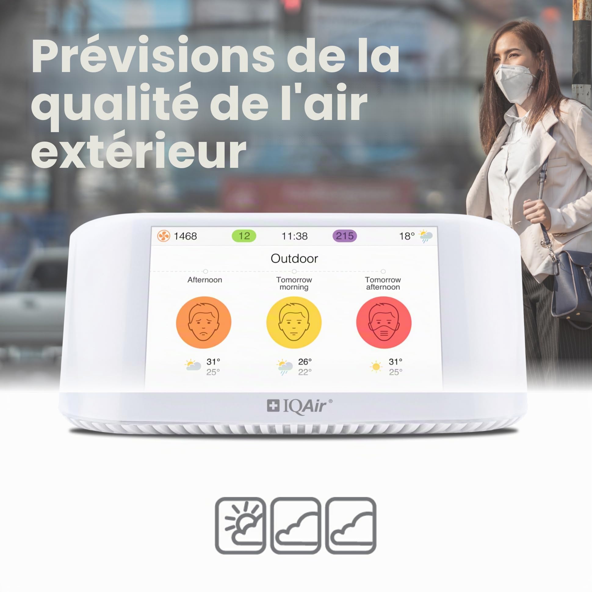 IQAir Moniteur de qualité de l'air intérieur [PM2.5, AQI, detecteur co2, testeur humidité, capteur CO2, capteur Temperature connecté], Air Quality Monitor [Wi-FI, WLAN, App, 5” Display (12.7 cm)]