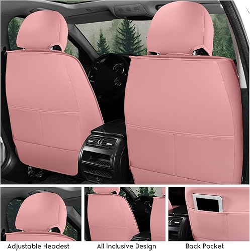Miniatura 2 de Juego completo de fundas de asiento de coche color rosa, fundas universales de piel de napa para asientos delanteros y traseros, juego de 5 piezas