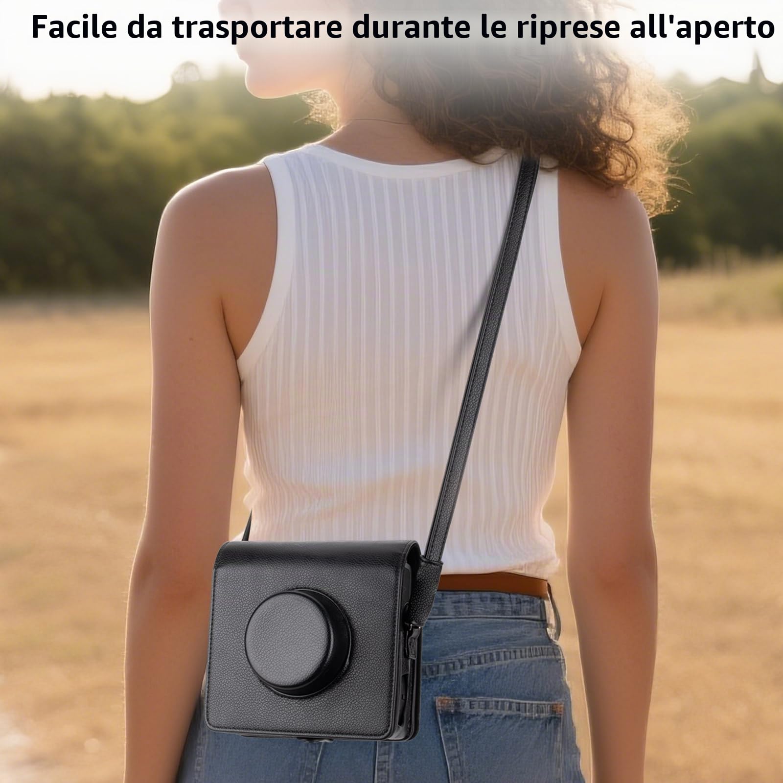 Custodia Instax Wide EVO, cover protettiva compatibile con la fotocamera istantanea ibrida Fujifilm Instax Wide EVO, custodia in pelle PU con tracolla regolabile - Nero retrò
