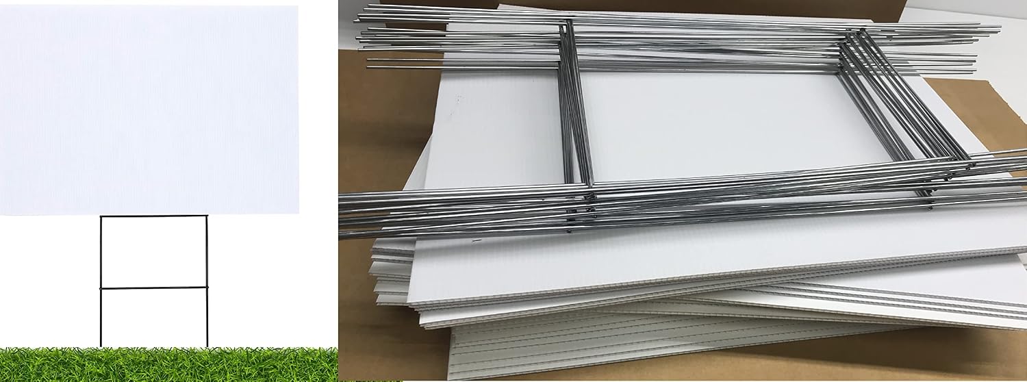 Yard Signs 20 White Signs 18''x24'' x 4mm Corrugated Plastic & 20 Double H-Frame Stake 10''x30'' 9 Gauge Galvanized Wire Yard Sign Stake