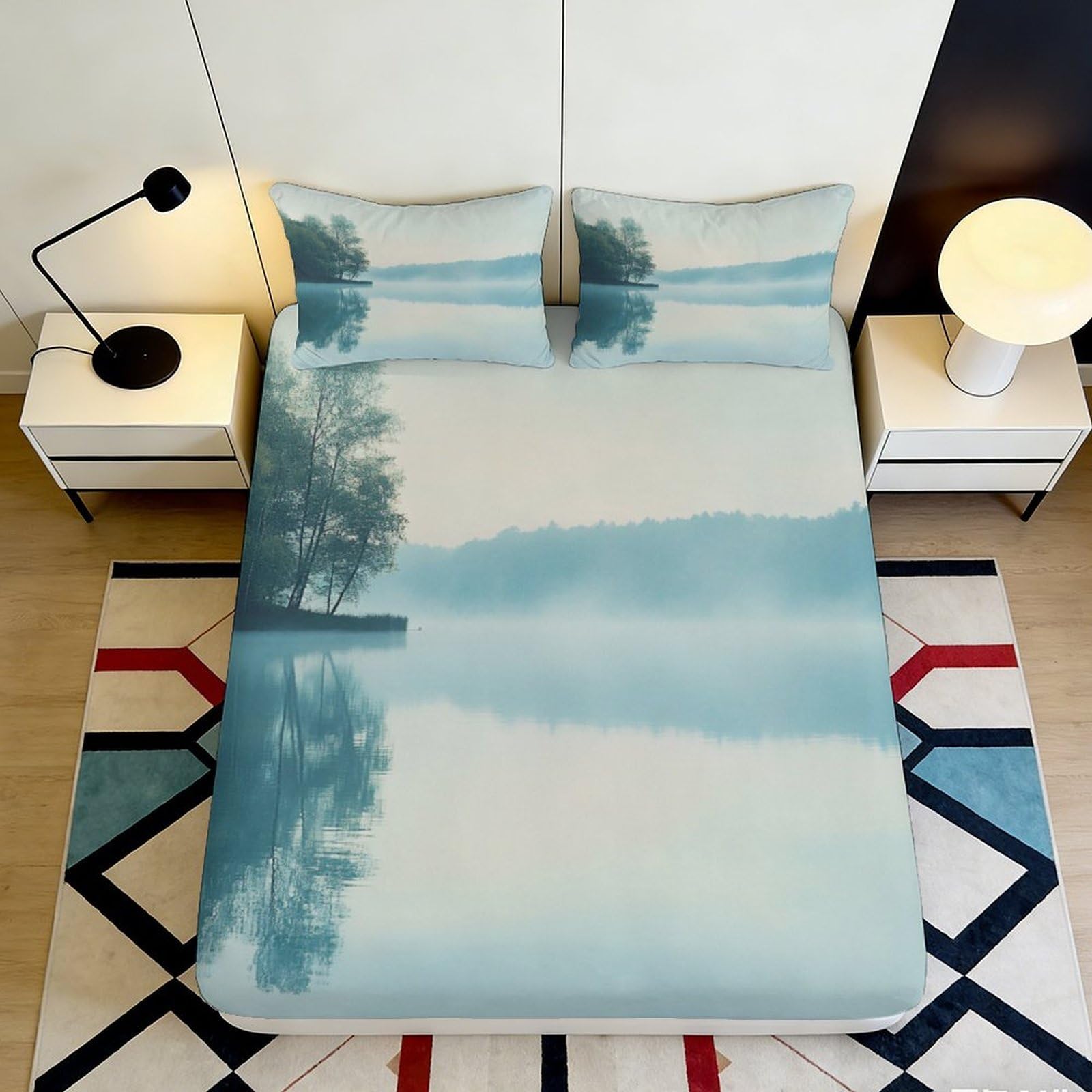 3D Printed Misty Lake Fitted Sheet Microfiber Soft Blue Landscape Bed Cover for Bedroom Guest Room Machine Washable 90x200x25cm