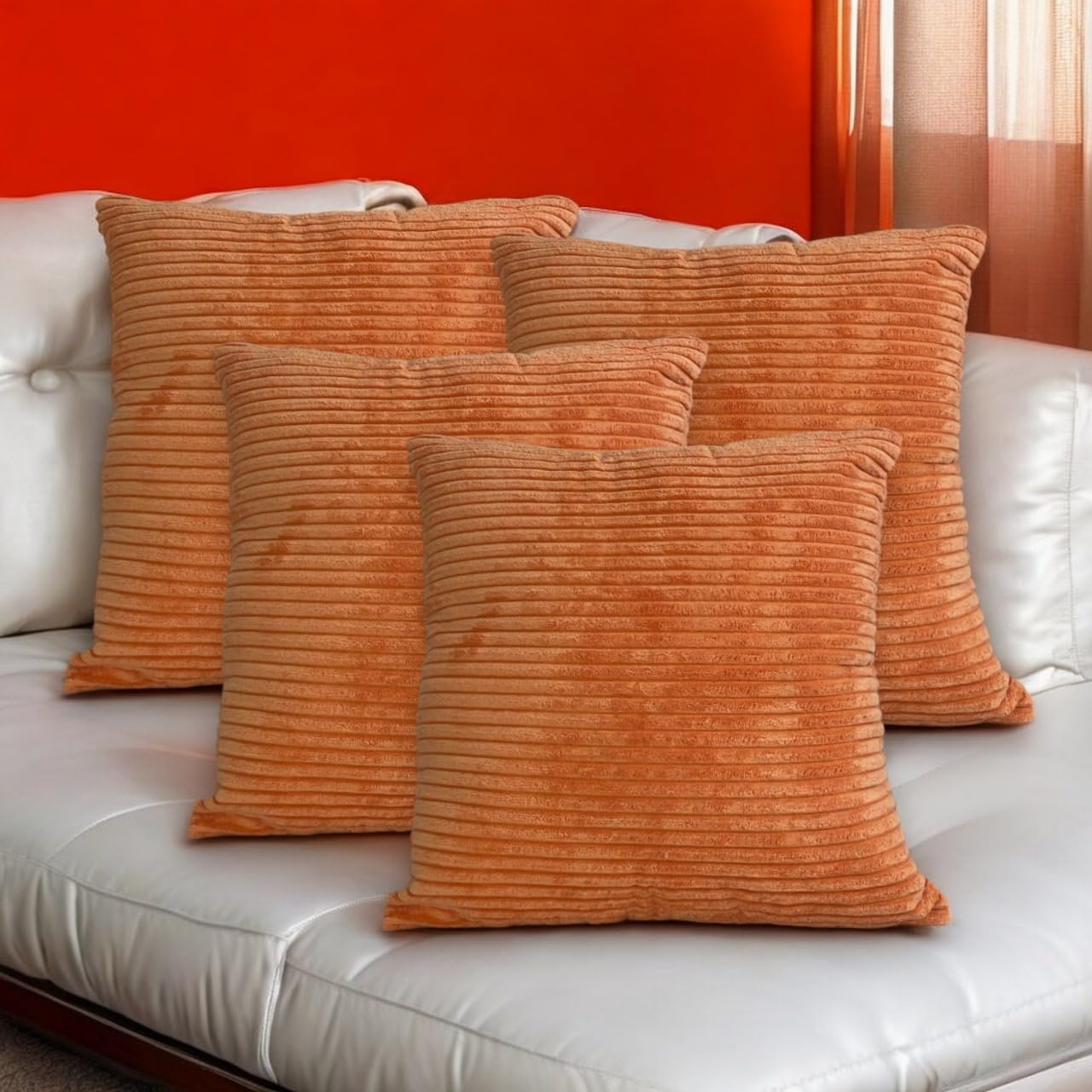Seechoo Corduroy Cushion Covers, Set of 4, 40 x 40 cm, Plain Soft Striped, Assorted Colours (Orange), 40 x 40 cm (Pack of 4)