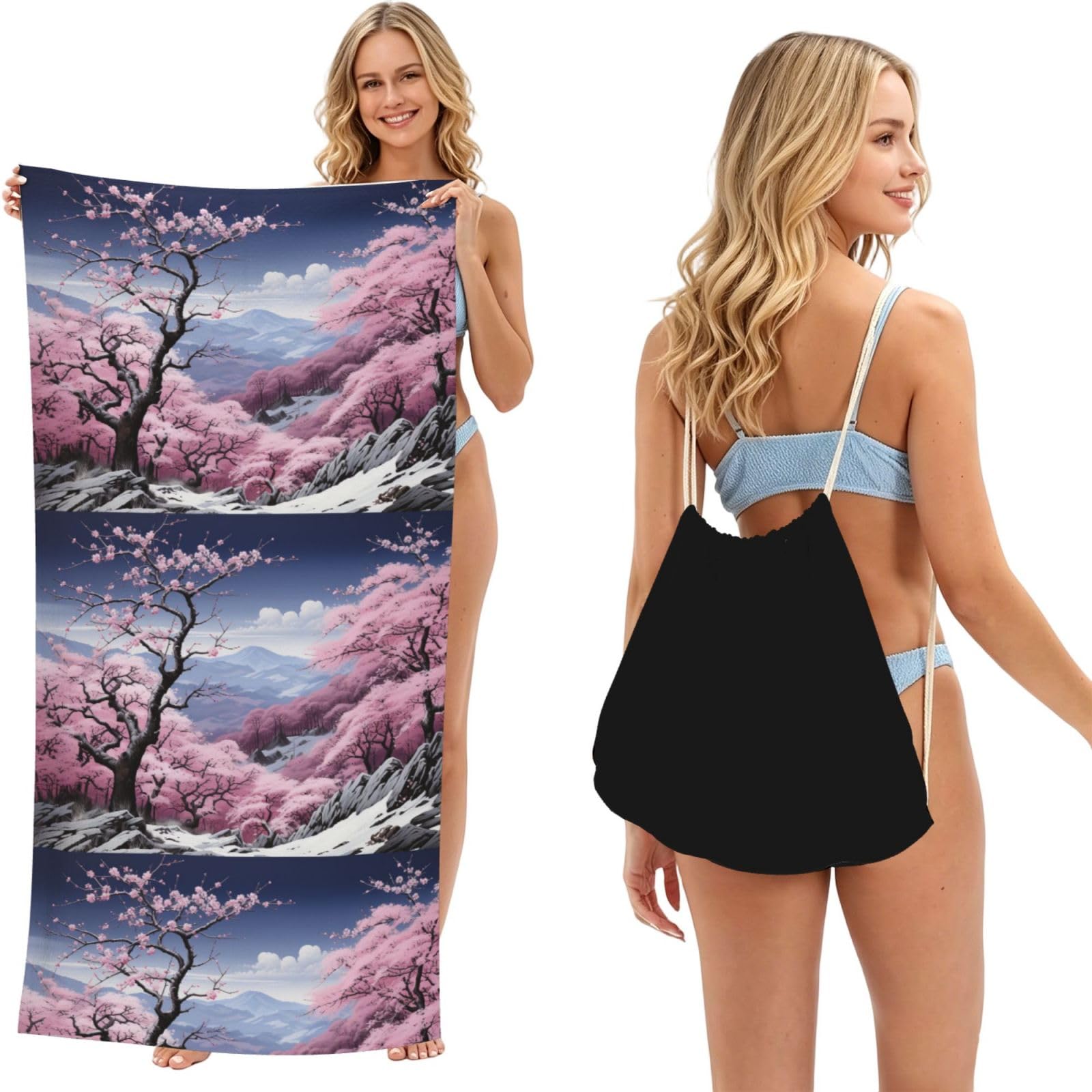 SKGOHLH Mountain cherry blossoms 2in1 Packable Beach Towel Bag Women