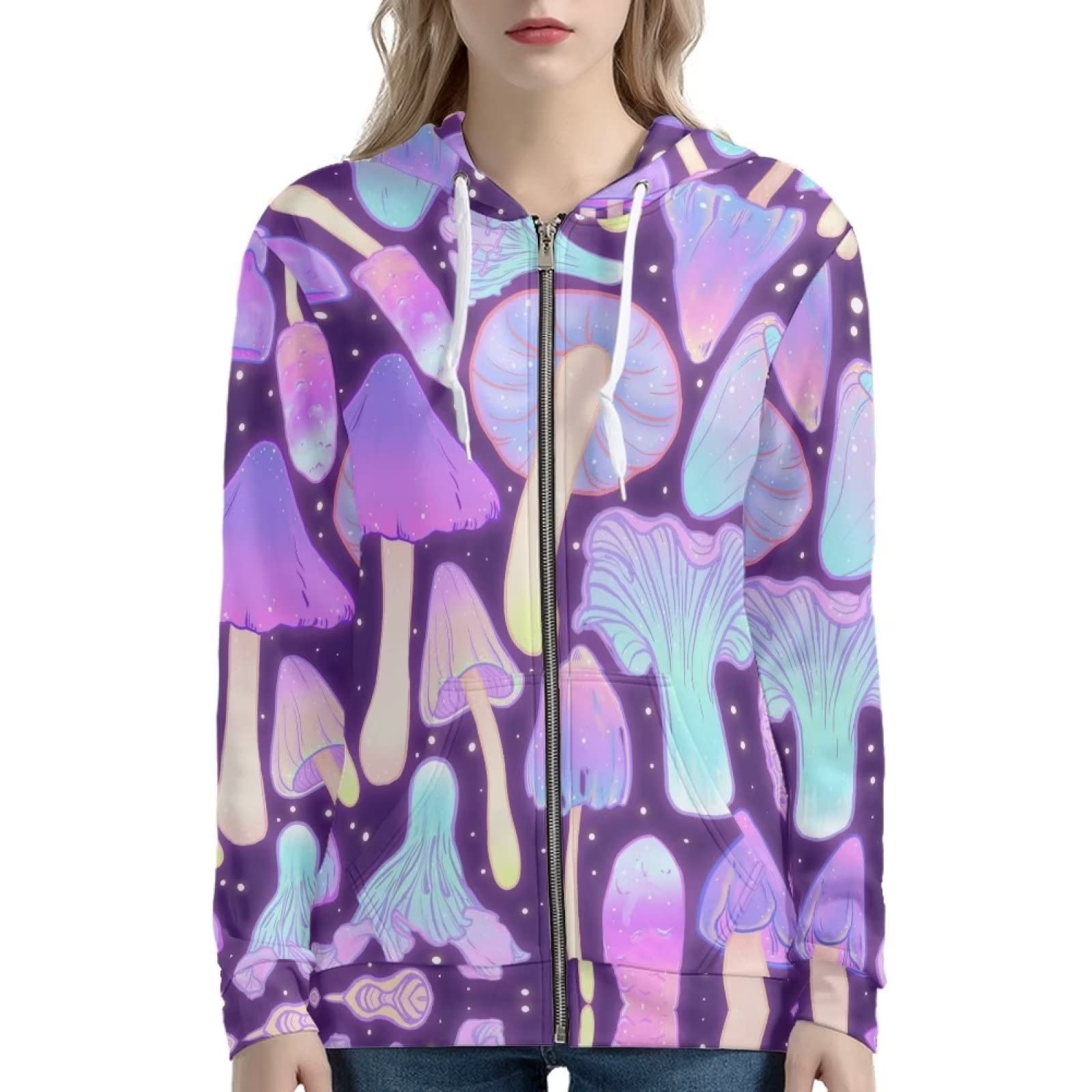 HUIACONG Bluza z kapturem z zamkiem błyskawicznym dla kobiet rozmiar XS-5XL nastolatki bluza z kapturem, Różowy Grzyb Gwieździsty, L