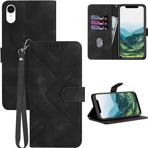 Funda tipo cartera para iPhone XR, tarjetero, correa de muñeca, soporte, cierre magnético, a prueba de golpes, de piel sintética, patrón protector