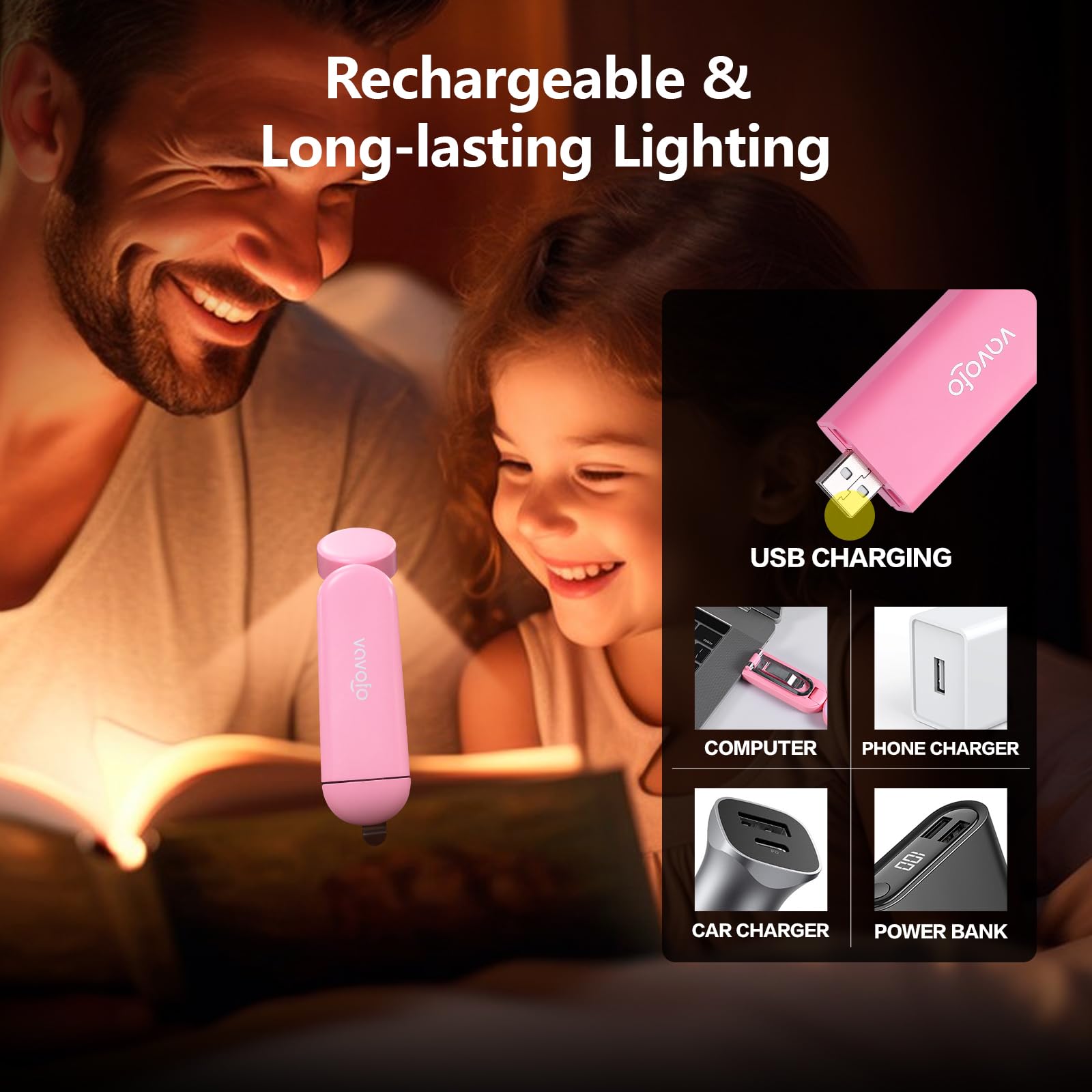 VAVOFO Luz de lectura recargable por USB con bloqueo de luz azul ámbar con clip en forma de marcador para lectura de gusanos de biblioteca en la cama (rosa)