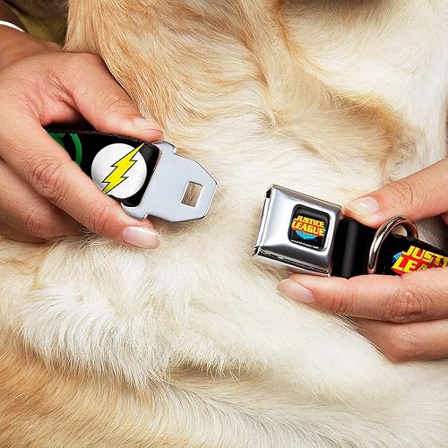 Miniatura 2 de Buckle-Down Collar de perro con hebilla de cinturón de seguridad, logotipos de superhéroes de la Liga de la Justicia, cerrado, negro, 1 pulgada de