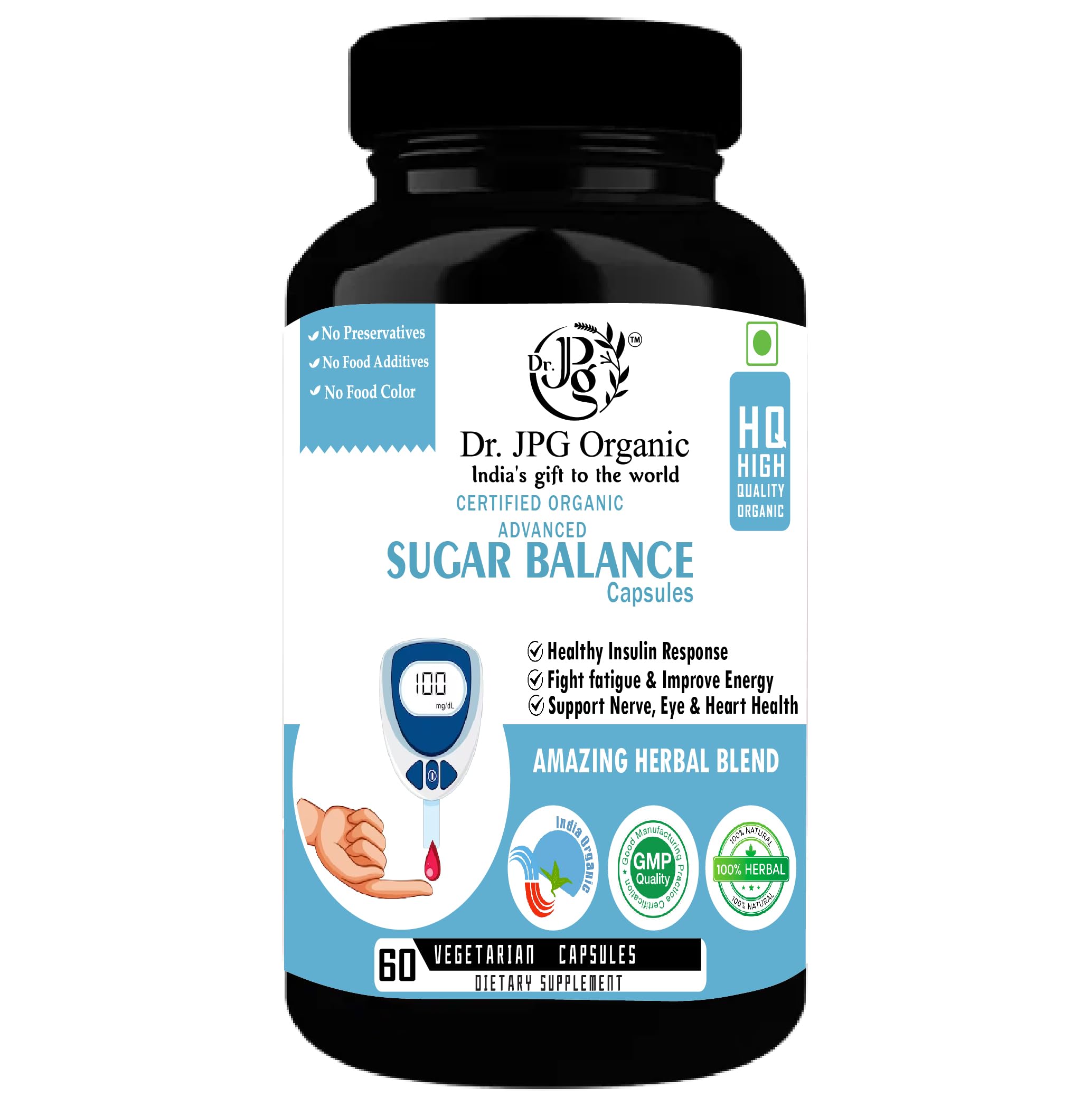 Dr. JPG Organic Sugar Balance 500mg, 60veg capsules/INDIA Organic Certified/ISO & GMP Certified.-picture-15