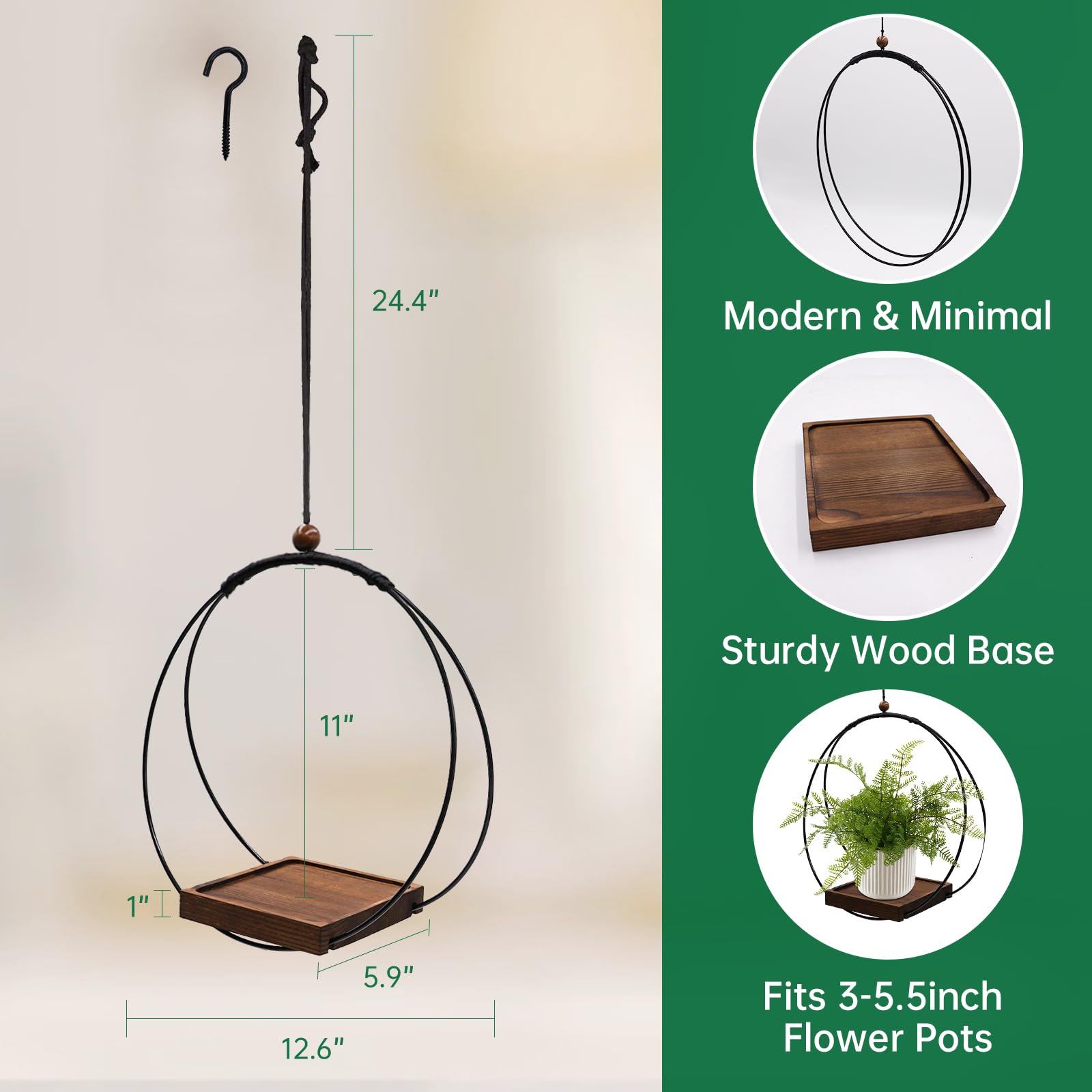 Lot de 2 suspensions d'intérieur modernes en macramé noir avec base en bois robuste pour mur, plafond et fenêtre (plantes/pots non inclus)