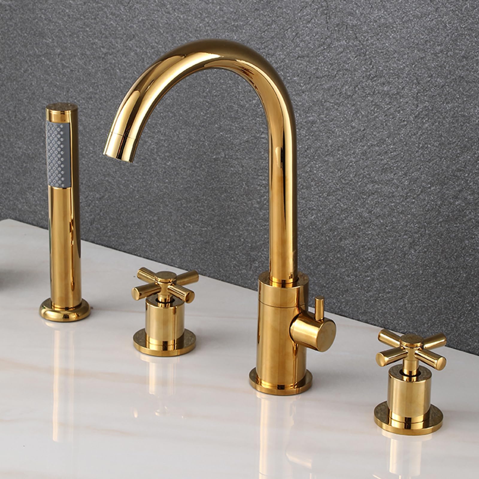 SnamicE 4 Hole Bath Shower Mixer Tap 360 Degree Rotating Spout Bath Tub Mixer Tap Black with Shower Single Lever,Gold