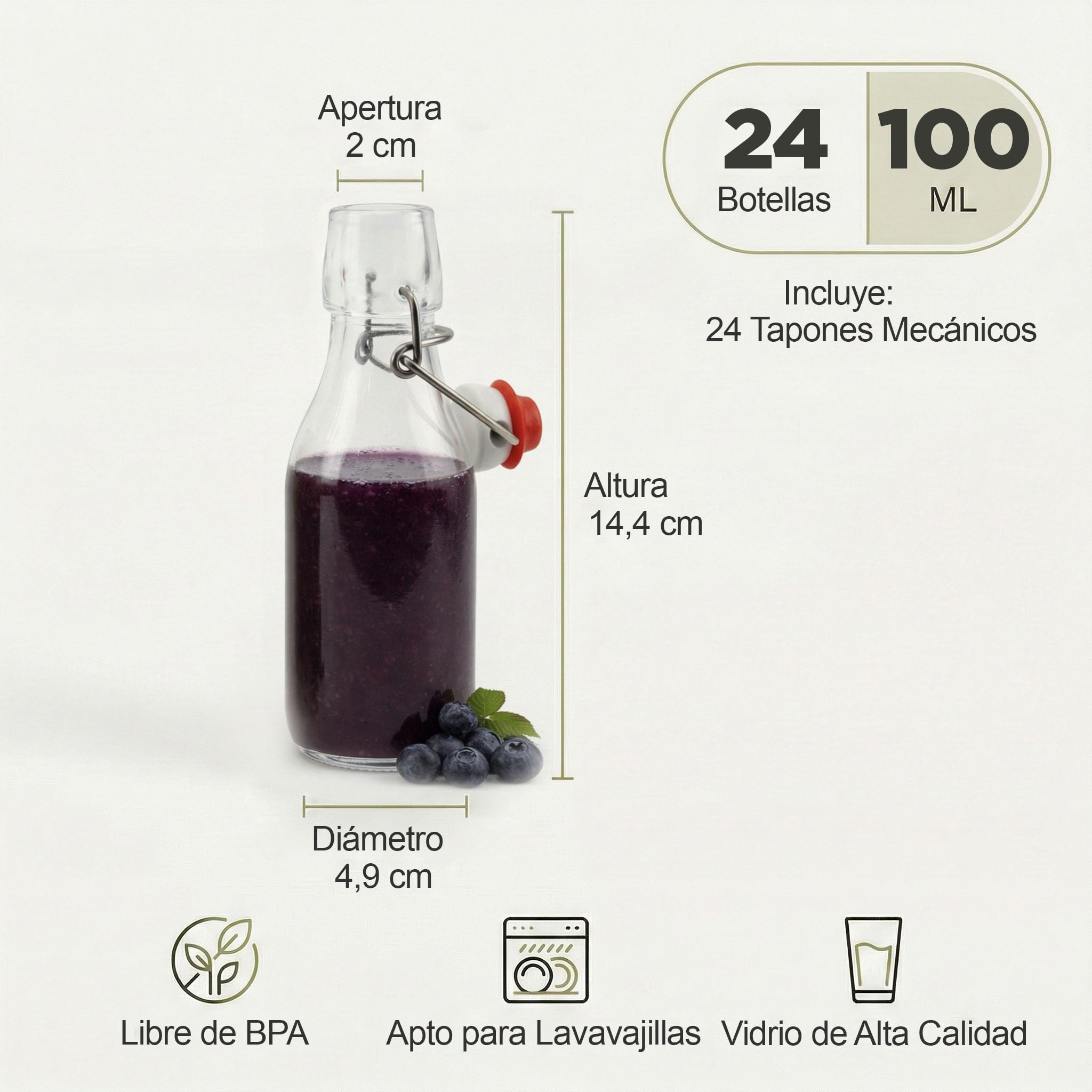 24 botellas de cristal vacías de 100 ml con cierre de clip con patillas de 0,1 litros, botella de alambre, botella de licor con cierre (24 x 100 ml)
