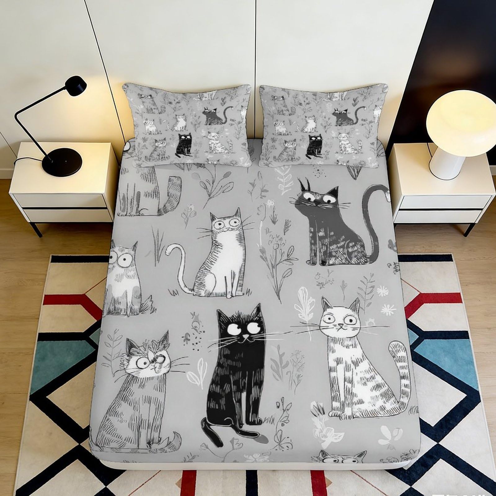 3D Printed Cartoon Cat Fitted Sheet Microfiber Soft Grey Animal Mattress Cover for Bedroom Guest Room Decor 200x200x25cm