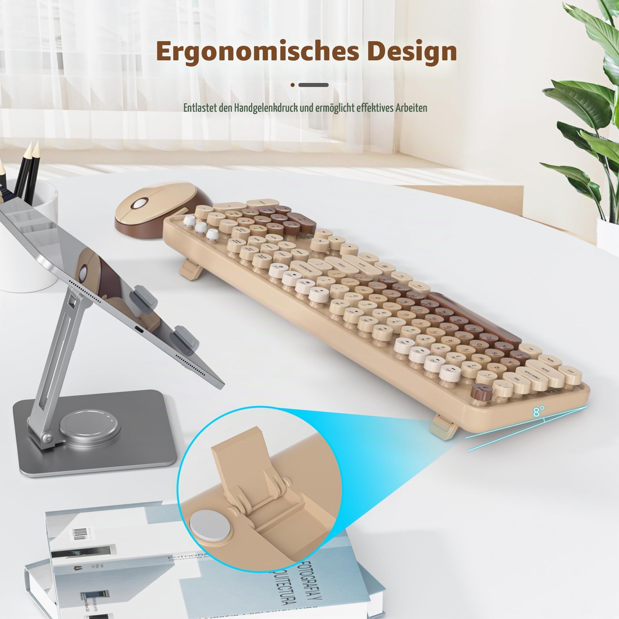 SOLIDEE kabellose Tastatur- und Maus-Kombination,Retro-Schreibmaschinen-Tastatur,2.4GHz runde Tastenkappe Tastatur mit Ziffernblock,104 Tasten ergonomische(Amerikanisch QWERTY)(Mixed Coffee)