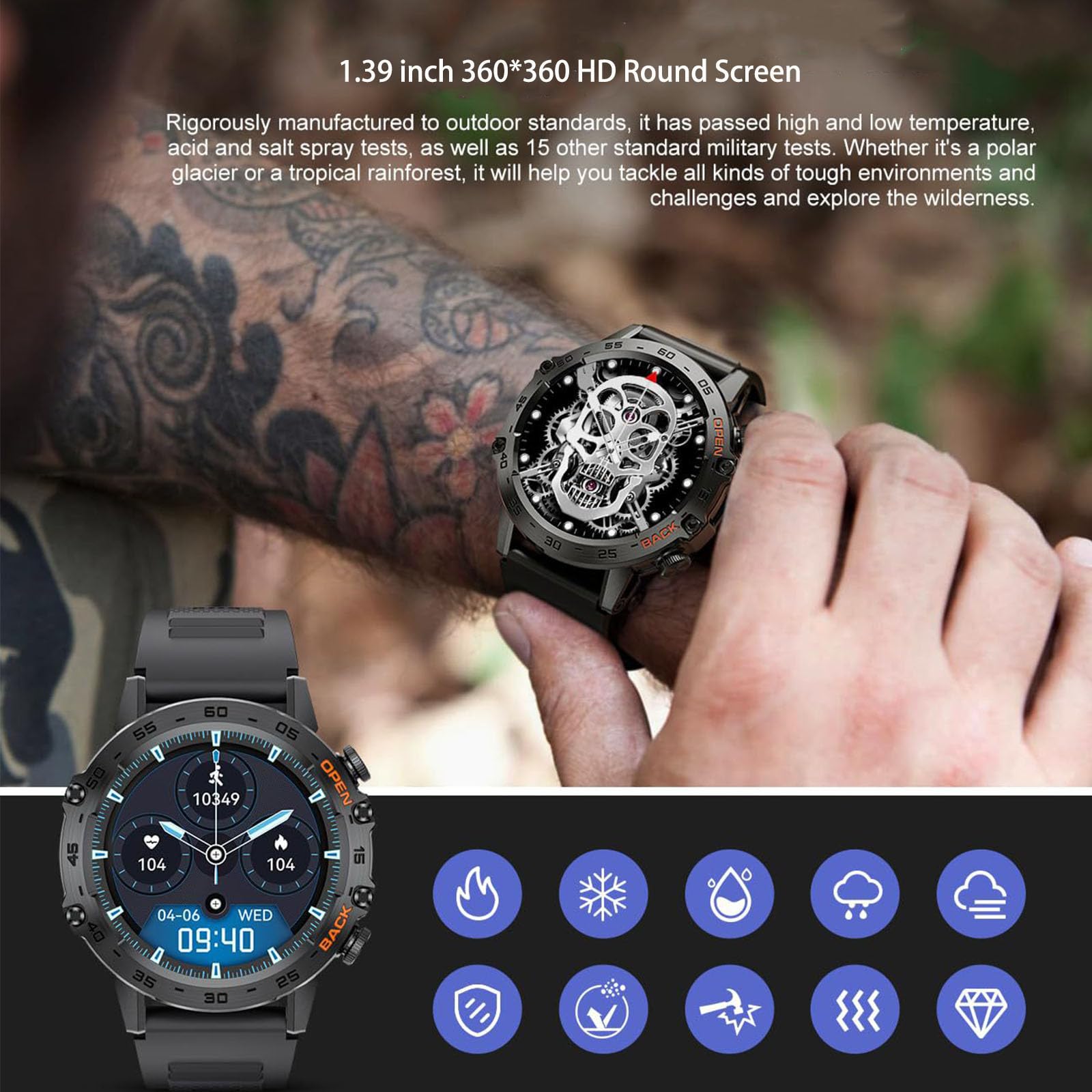 Inteligentne Zegarki Dla Mężczyzn, Inteligentny Zegarek Z Połączeniem Głosowym Bluetooth, Inteligentny Zegarek Z Pulsometrem, SpO2, Ciśnieniomierzem Snu, Wodoodporny Zegarek Taktyczny IP67,A