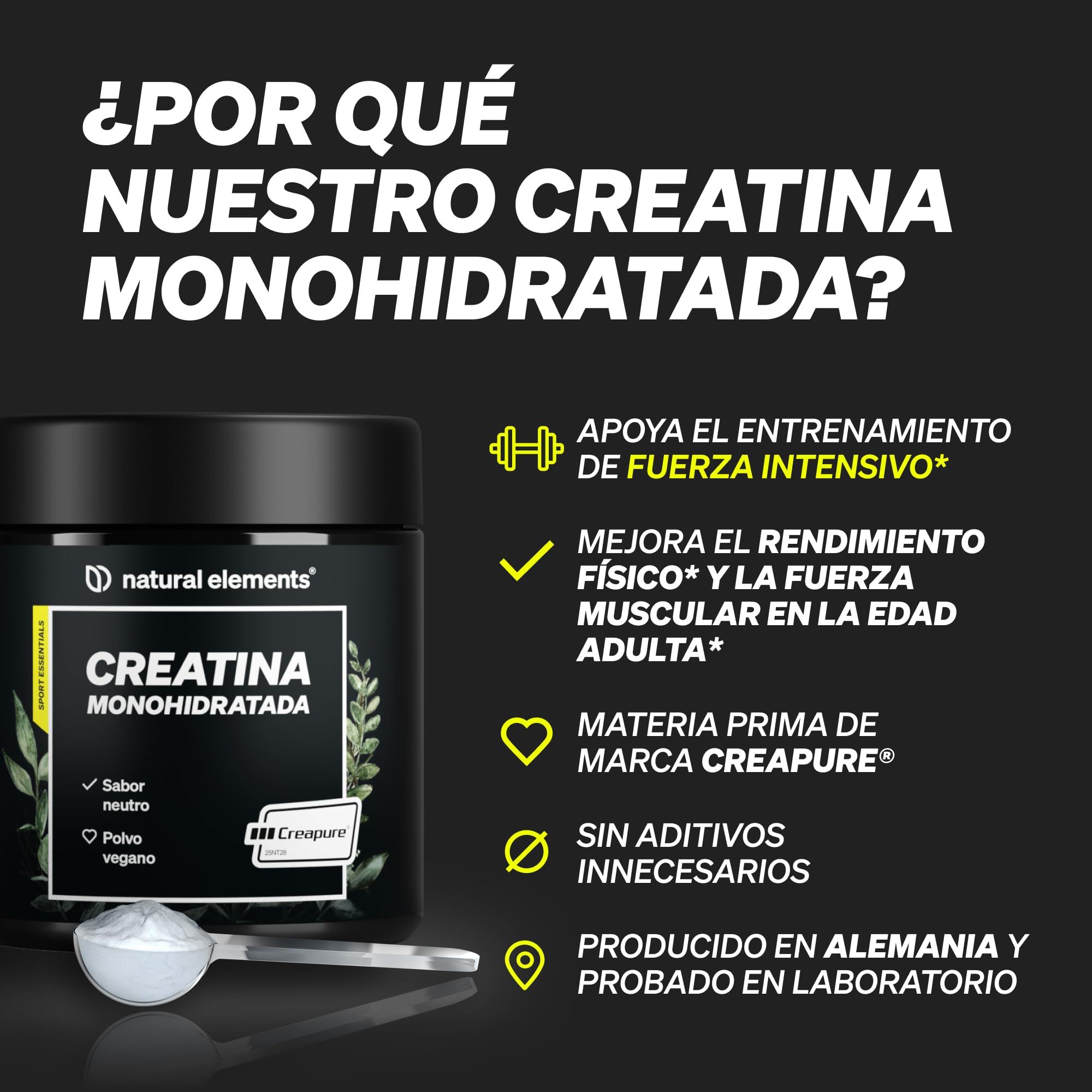 Creatina Monohidrata en Polvo 500g - 147 porciones de creatina Creapure® - Soporte premium para fuerza muscular* - Creatine vegana con dosificador - Sin sabor y sin aditivos innecesarios