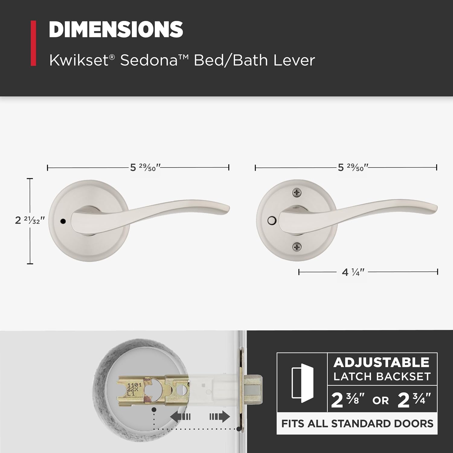 Kwikset Sedona Interior Privacy Door Handle with Lock, Door Lever for Bathroom and Bedroom, Satin Nickel Reversible Keyless Push Button Lock Door Lever, with Microban Protection