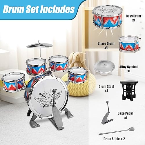 Miniatura 6 de Juego de batería para niños pequeños, kit de batería de jazz con taburete, instrumentos musicales, juguetes de cumpleaños, Navidad, regalos de