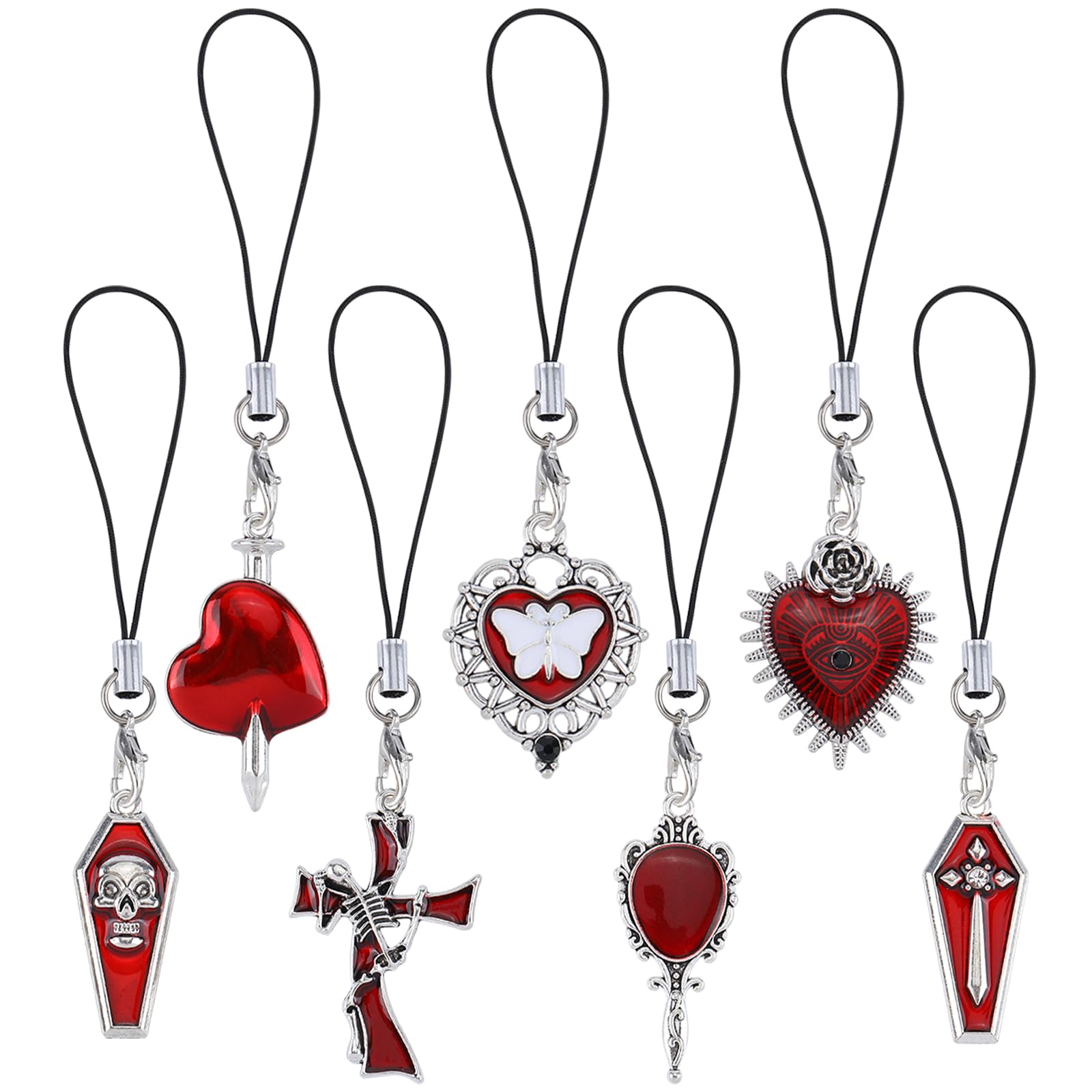 BEEFLYING 7Pcs Mignons Charms pour Téléphone Portable, Sangles de Charme de Cœur Gothique Kawaii pour Halloween,Pendentifs Esthétiques Y2K pour Téléphone Sac Porte-Clés Appareil Photo et Portefeuille