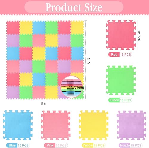 Miniatura 2 de Nuanchu Tapete de juego de rompecabezas para niños, 90 azulejos, tapete de espuma colorida con bordes, alfombra de espuma EVA entrelazada para sala