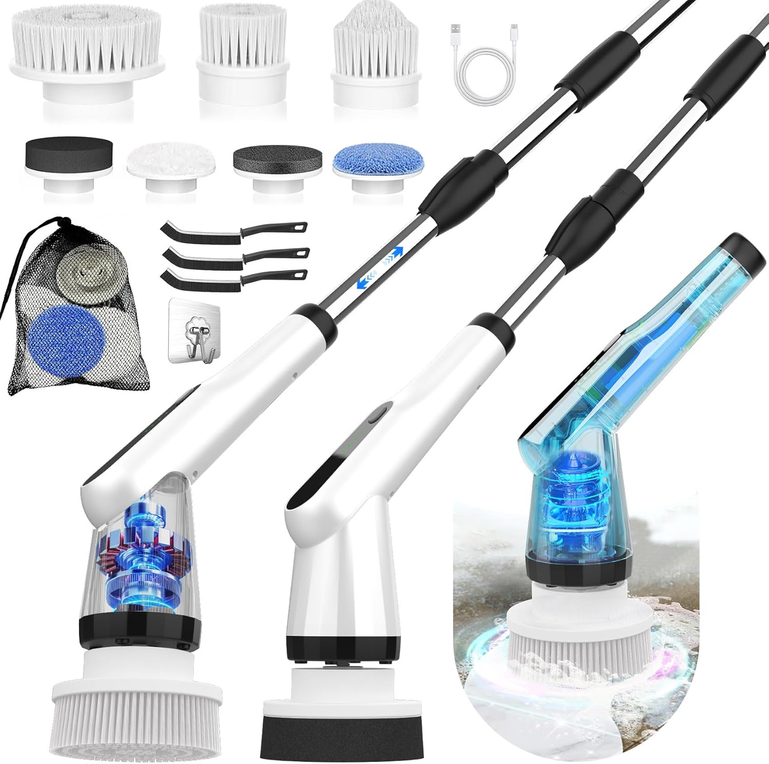 WKY – Limpiador eléctrico giratorio – Limpiador de ducha impermeable IPX7 12 en 1, mango retráctil y 2 velocidades para inodoro, baño, bañera,