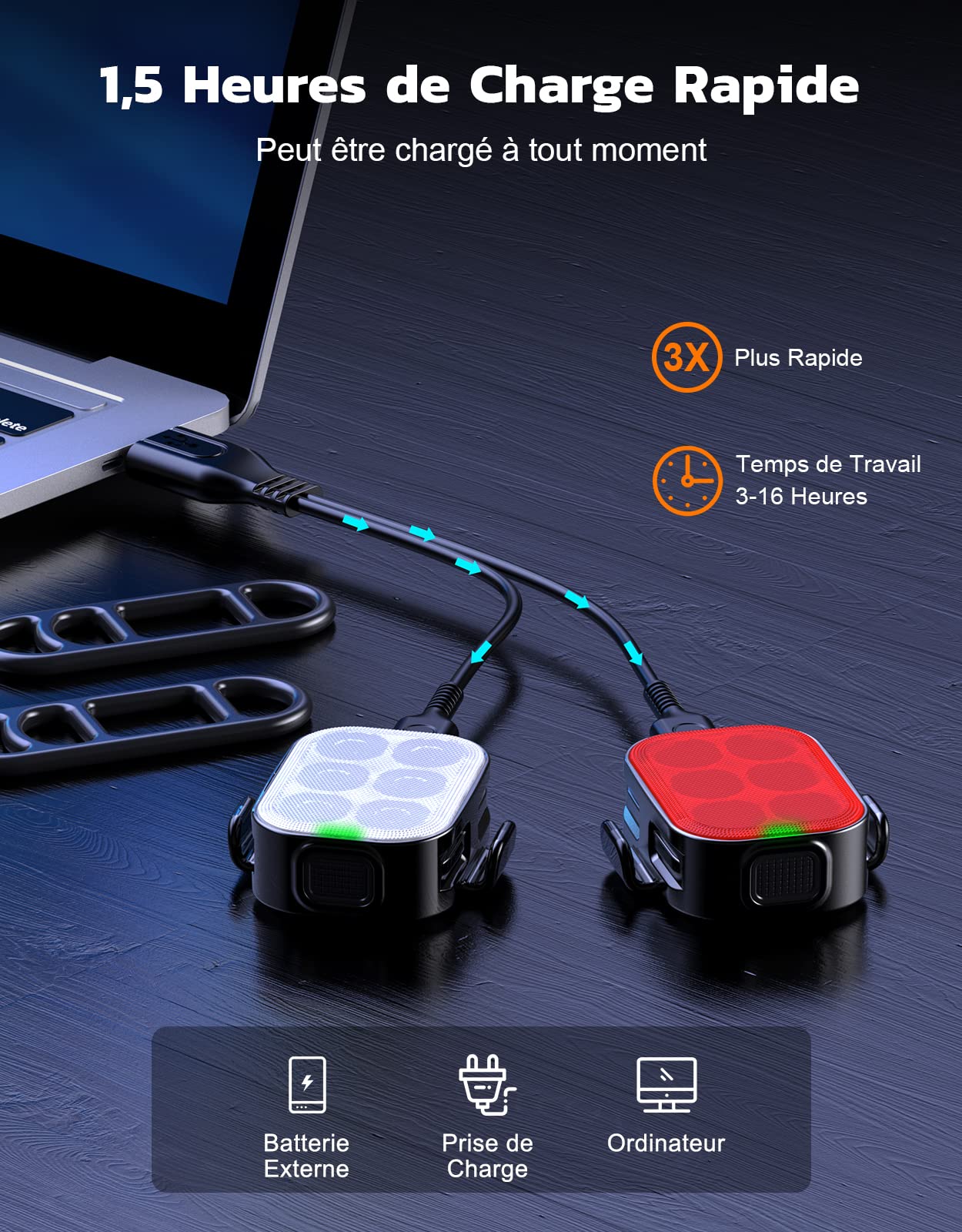 Glangeh Lumiere Velo Avant et Arriere, 4 + 6 Modes Lampe Velo Ultra Slim USB Rechargeable avec Charge Rapide de 1,5H, Étanche IP65, LED Puissante pour Cyclisme Nocturne, Eclairage Moto pour VTT, VTC