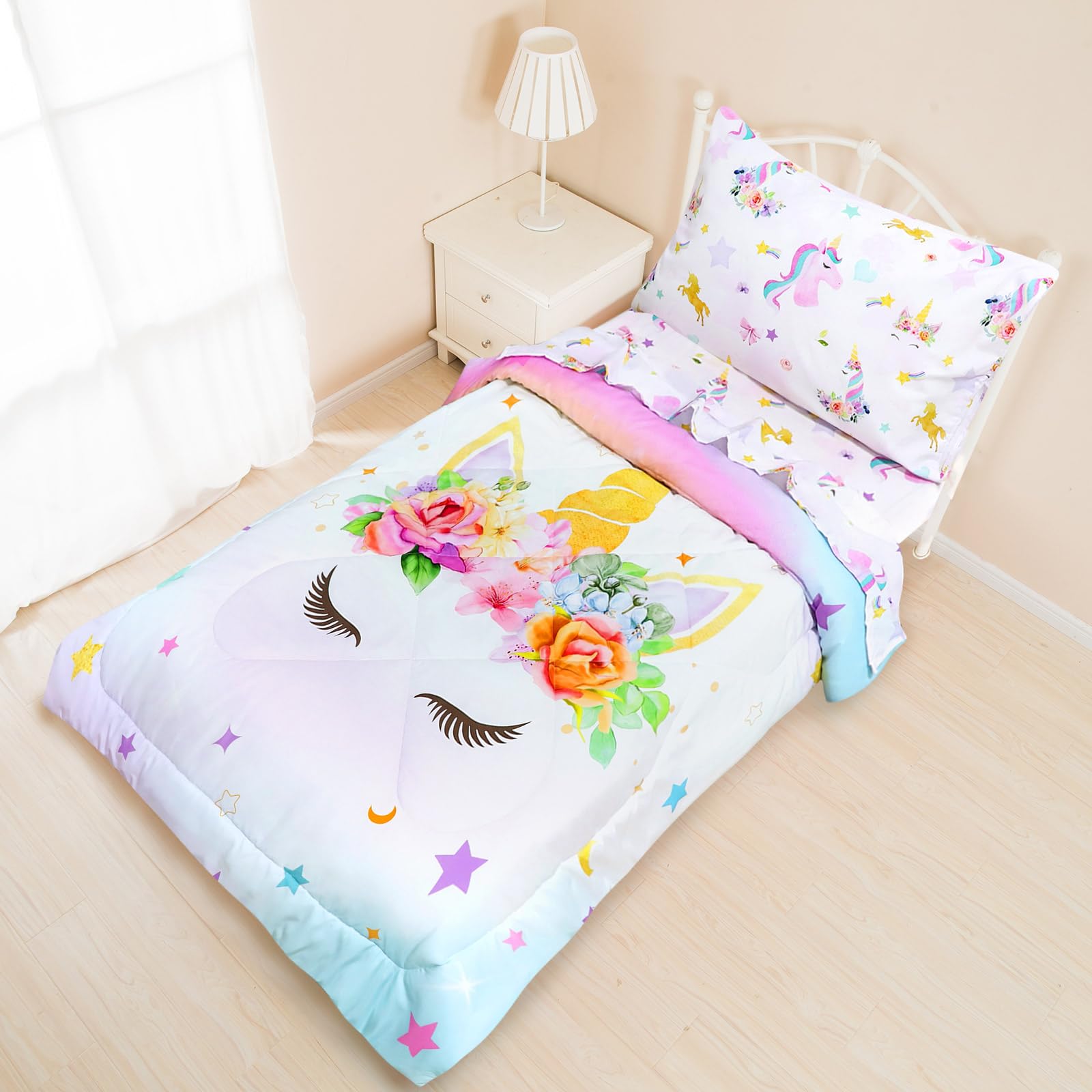Toddler Bedding Sets for Girls Unicorn Toddler Crib Bedding Set 4 Piece Pink Floral Toddler Comforter Set Includes Flat Top Sheet