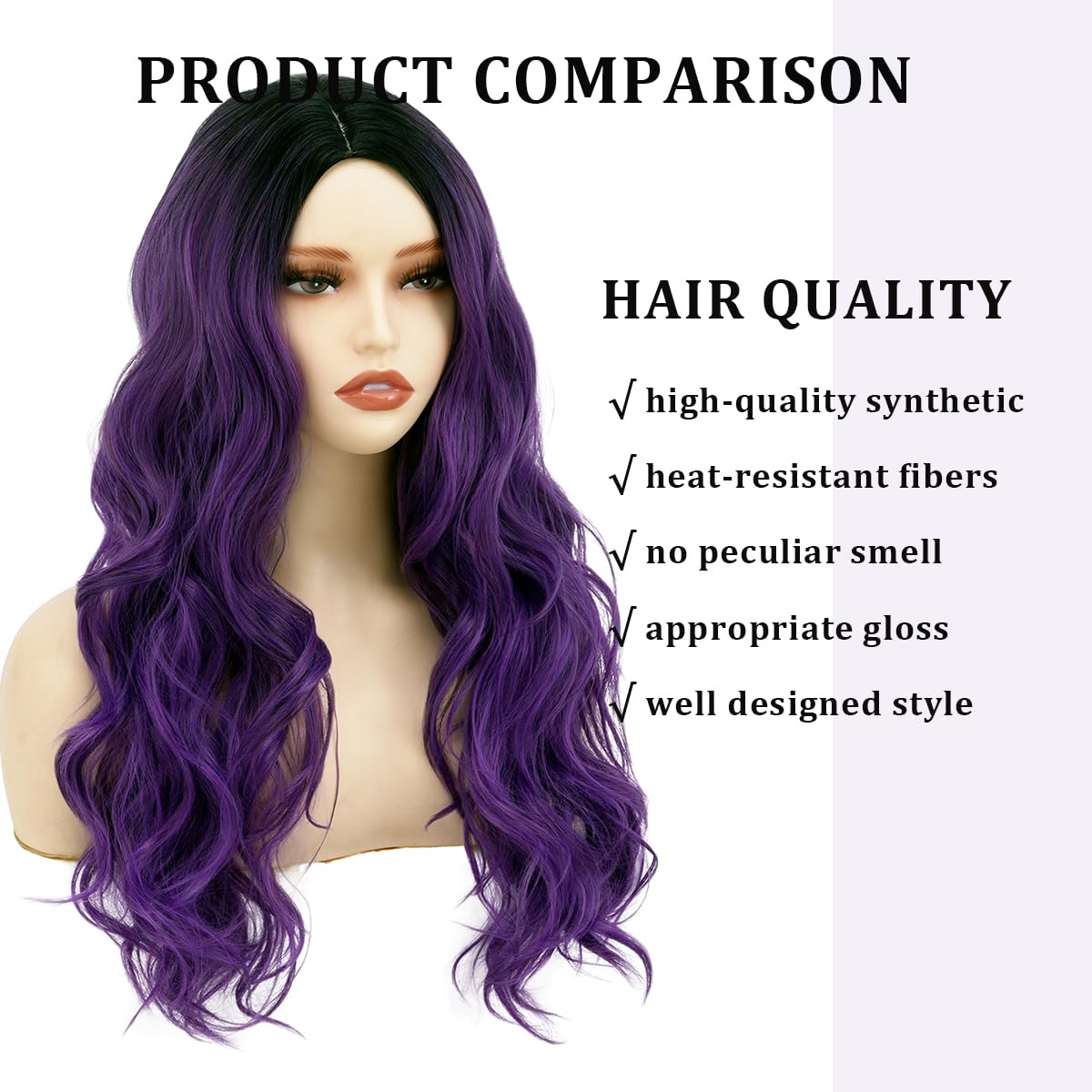 Purple wig Long Wavy Wigs for Women 26 Inch Middle Part Curly Wavy Wig Natural Looking Synthetic Heat Resistant Fiber Wig for Daily Party Use