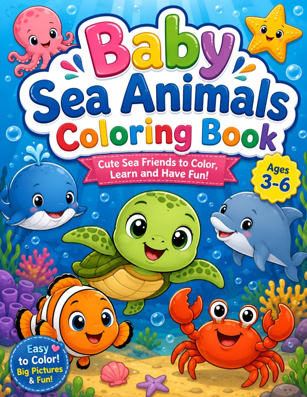 Baby Sea Animals Coloring Book for Kids Ages 3-6: 25 Cute and Easy Ocean Animal Coloring Pages Featuring Dolphins, Sea Turtles, Whales, Clownfish, Crabs, Octopus, Narwhals and More