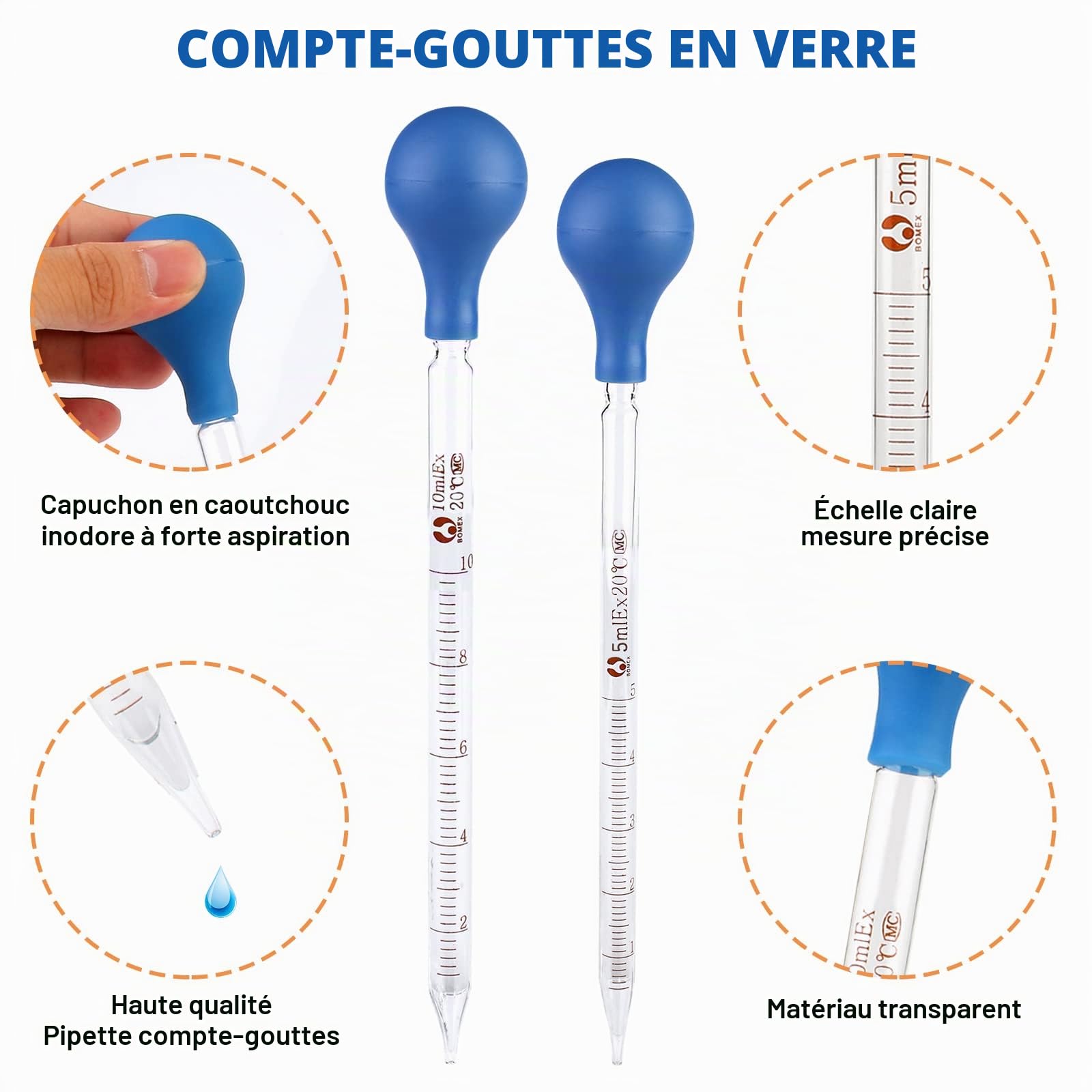 Pipettes En Verre, 4 Pièces Pipette Graduée En Verre Compte-gouttes 5ml 10ml et 2 Pièces Éprouvette Graduée 50ml 100ml avec Brosse De Nettoyage et Tige En Verre Pour Laboratoire, Médicaments, École