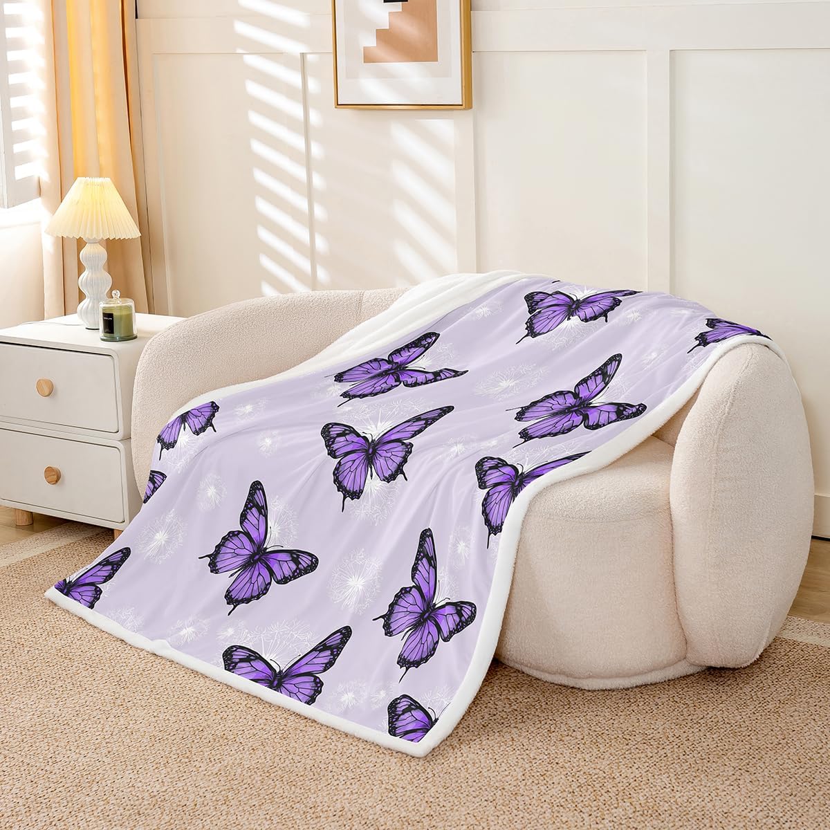 Feelyou Purple Butterfly Fleece Throw Blanket Twin 60"x80" Kids Girls Dandelion Sherpa Blanket Plush Fuzzy for Bed Couch Chair Living Room, Beautiful Butterflies Floral Bed Blanket Room Decor image 2