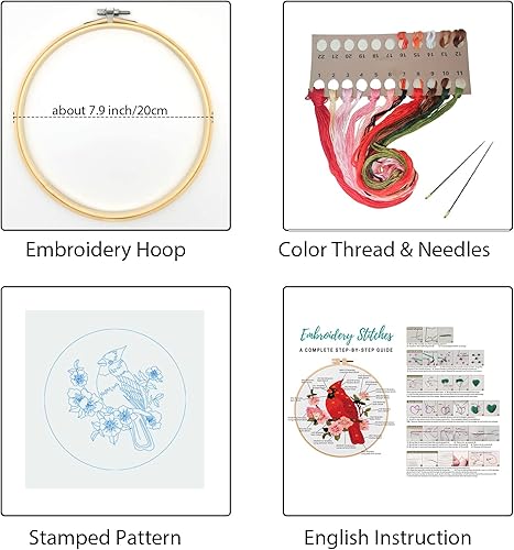 Miniatura 2 de Louise Maelys Kits de bordado cardenal para principiantes con patrón de flor de pájaro, kit de punto de cruz para adultos, kit de punto de cruz para