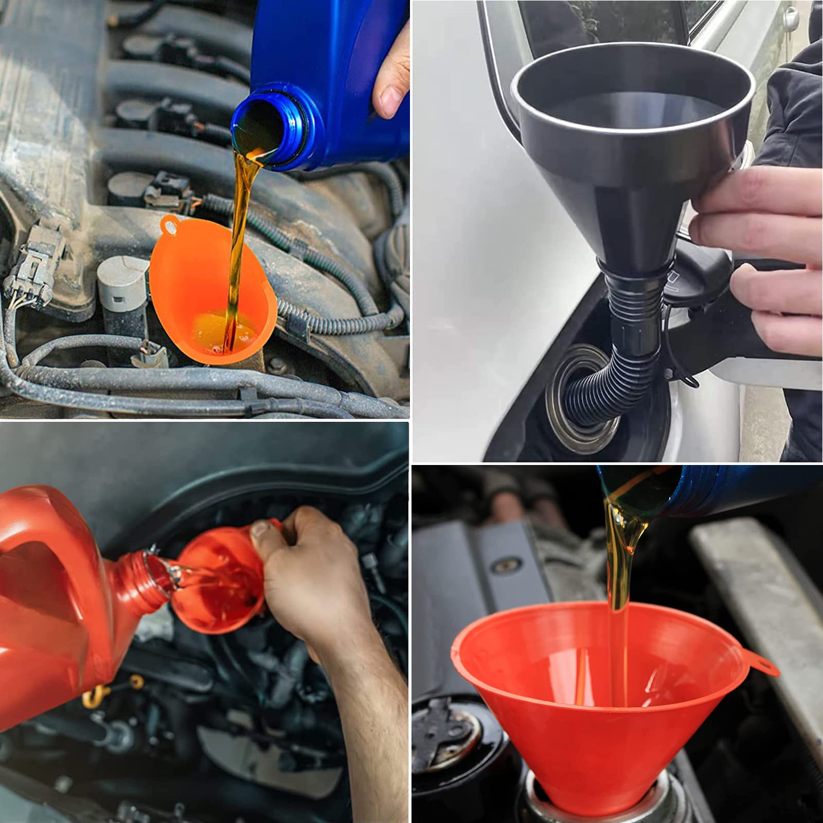 Imbuto Benzina, Diversi Modelli, Riutilizzabili, 8 Pezzi | Imbuto Olio Motore con Tubo, Bocchetta Rimovibile e Imbuti Lunghi per Auto, Officina e Casa