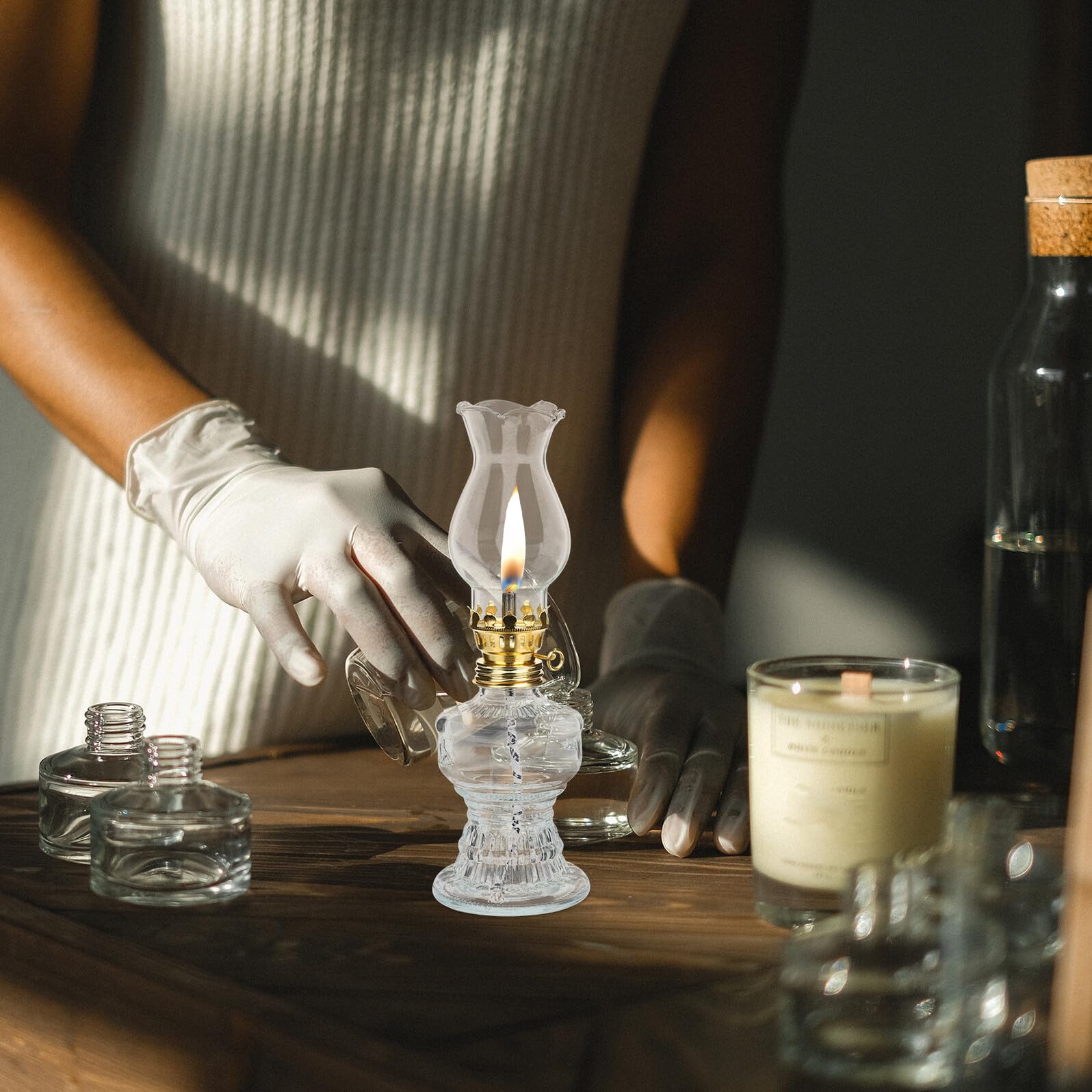 2 Szt. Szt Antyczne Lampy Naftowe Szkło Przezroczyste z Regulowanym Knotem Rustykalna Lampa Olejowa Stół Wiatroszczelna Dekoracja Vintage Do Awaryjnego Oświetlenia i Kempingu