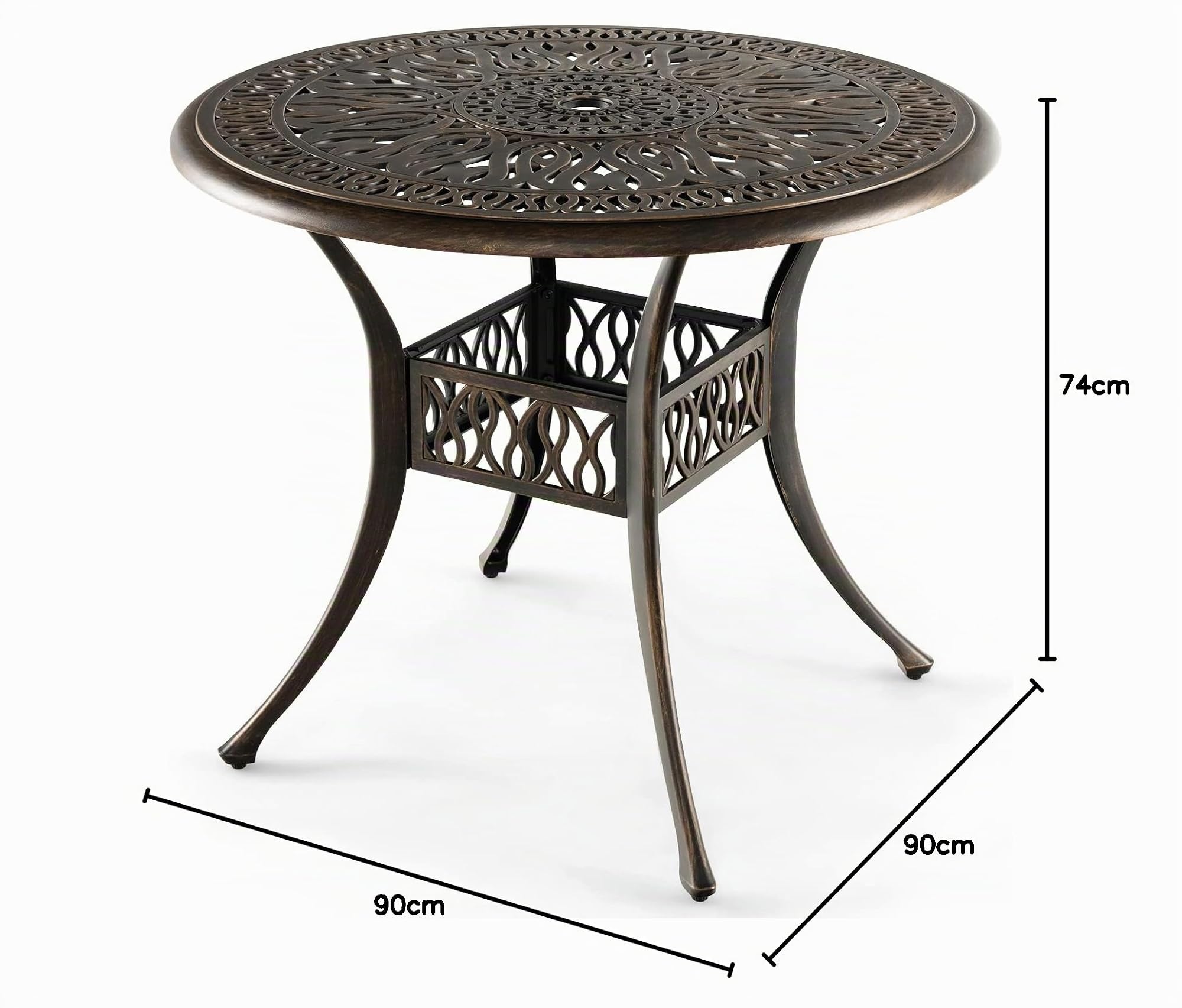 GOPLUS Table de Bistrot en Aluminium avec Trou pour Parasol de 5 CM, Table de Jardin Ronde avec Patins Réglables, Style Rétro, Convient pour Terrasse, Balcon, Piscine, Ø 90 X 74 CM