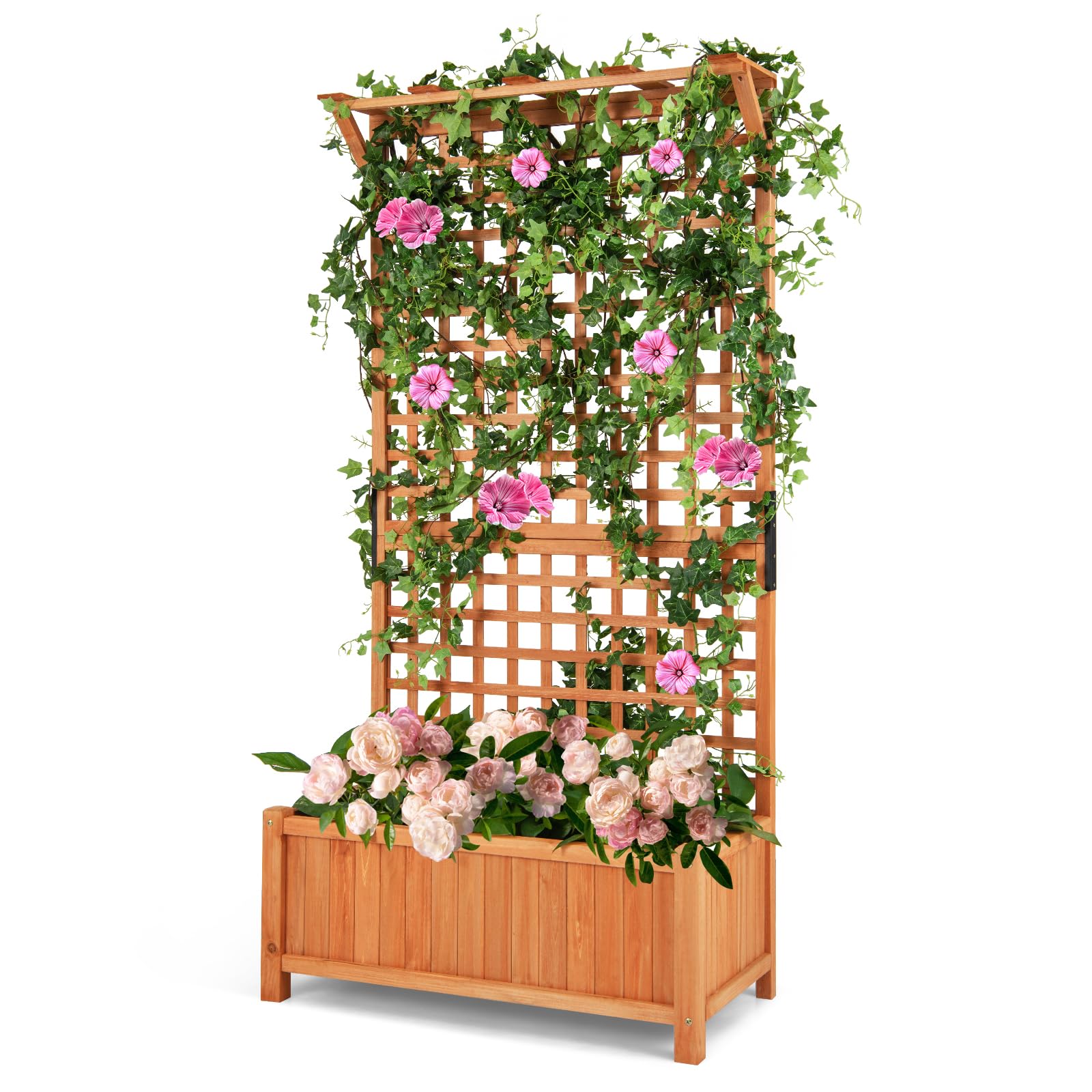 MAT EXPERT Raised Garden Bed with Trellis, Lattice Panel with Hanging Roof, Drainage Hole, Planter Box for Flower, Vine, Elevated Outdoor Planter for Garden (1, 35.5” x 17.5” x 72.5” (L x W x H))