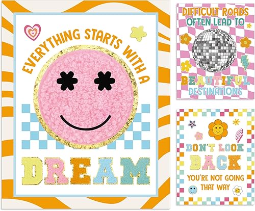 Feifeiya 12 pósteres retro de cara sonriente para el aula, decoración de tablón de anuncios de discoteca, póster hippie positivo de crecimiento