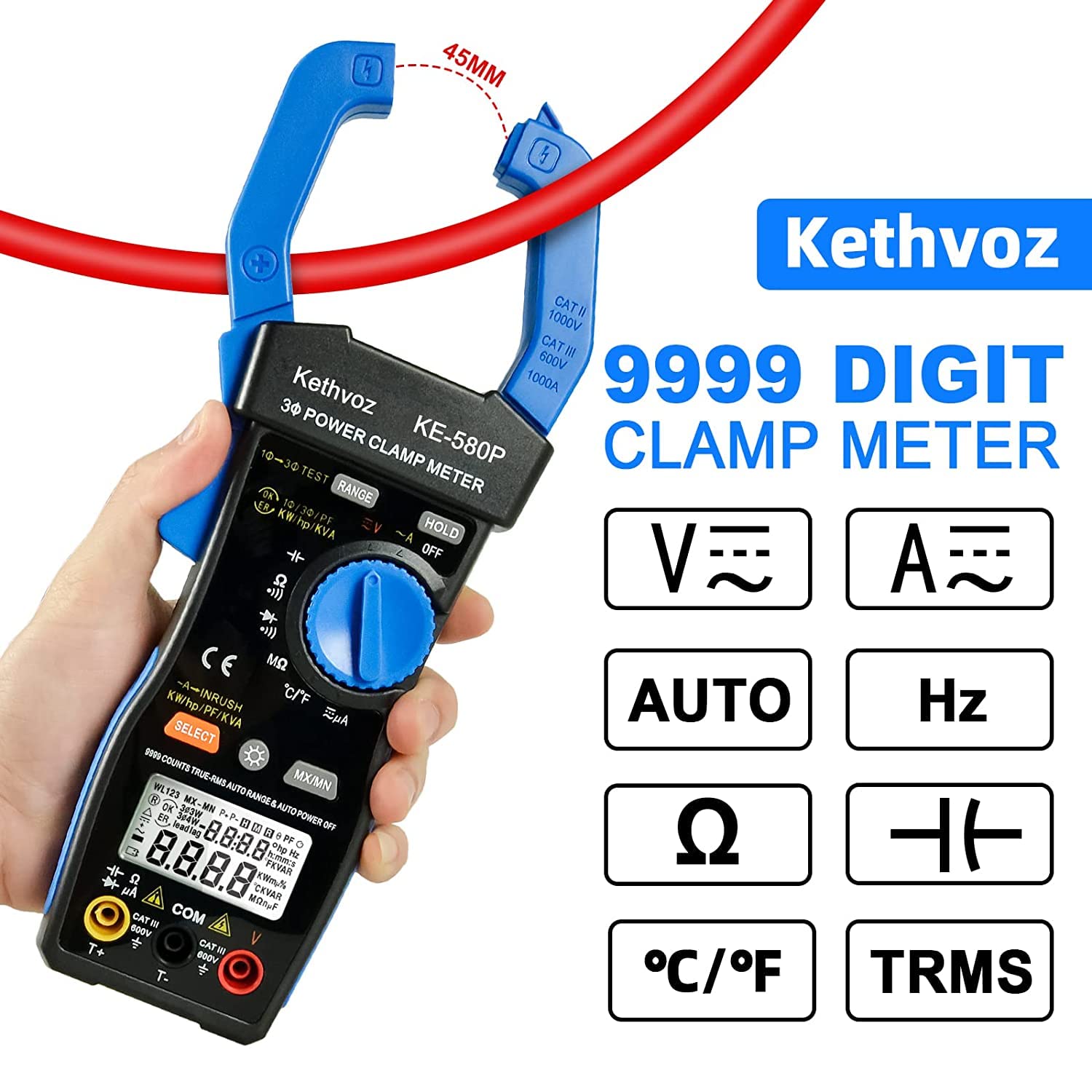 Pinza Amperometrica Multimetri 1000A, Kethvoz Monofase/Trifase a 3/4 Fili Multimetro Digitale Professionale Misura CC/CA Tensione AC/DC Corrente Fattore di Potenza Angolo di Fase 580P