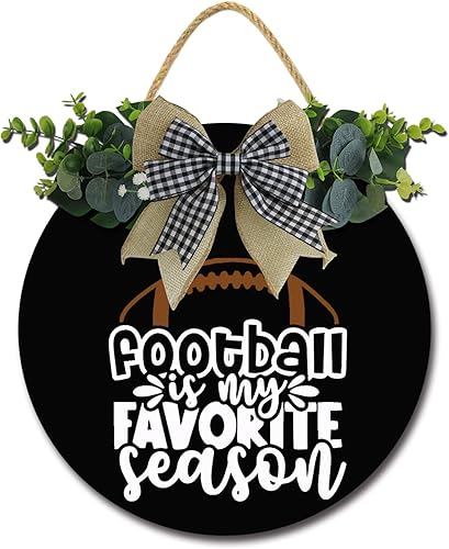 Letrero de fútbol americano con texto en inglés "Football is My Favorite Season" para puerta delantera, diseño de coronas divertidas para colgar