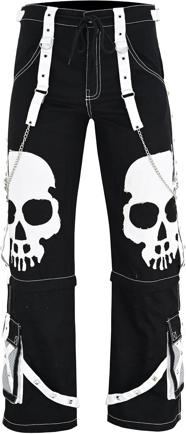 Gothic Punk Pants with Skull Design & Chain Straps – Black and White Alternative Fashion – 100% Cotton (US, Waist, 30, Regular, Black | White)