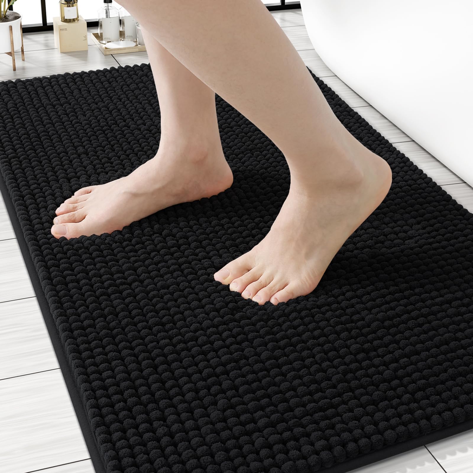 Homaxy Thick Soft Fluffy Bath Mat, Chenille Absorbent Bathroom Mat, Non Slip Bath Mats for Bathroom, Machine Washable Quick Drying Bath Rug, 60×90 cm, Black — image 1